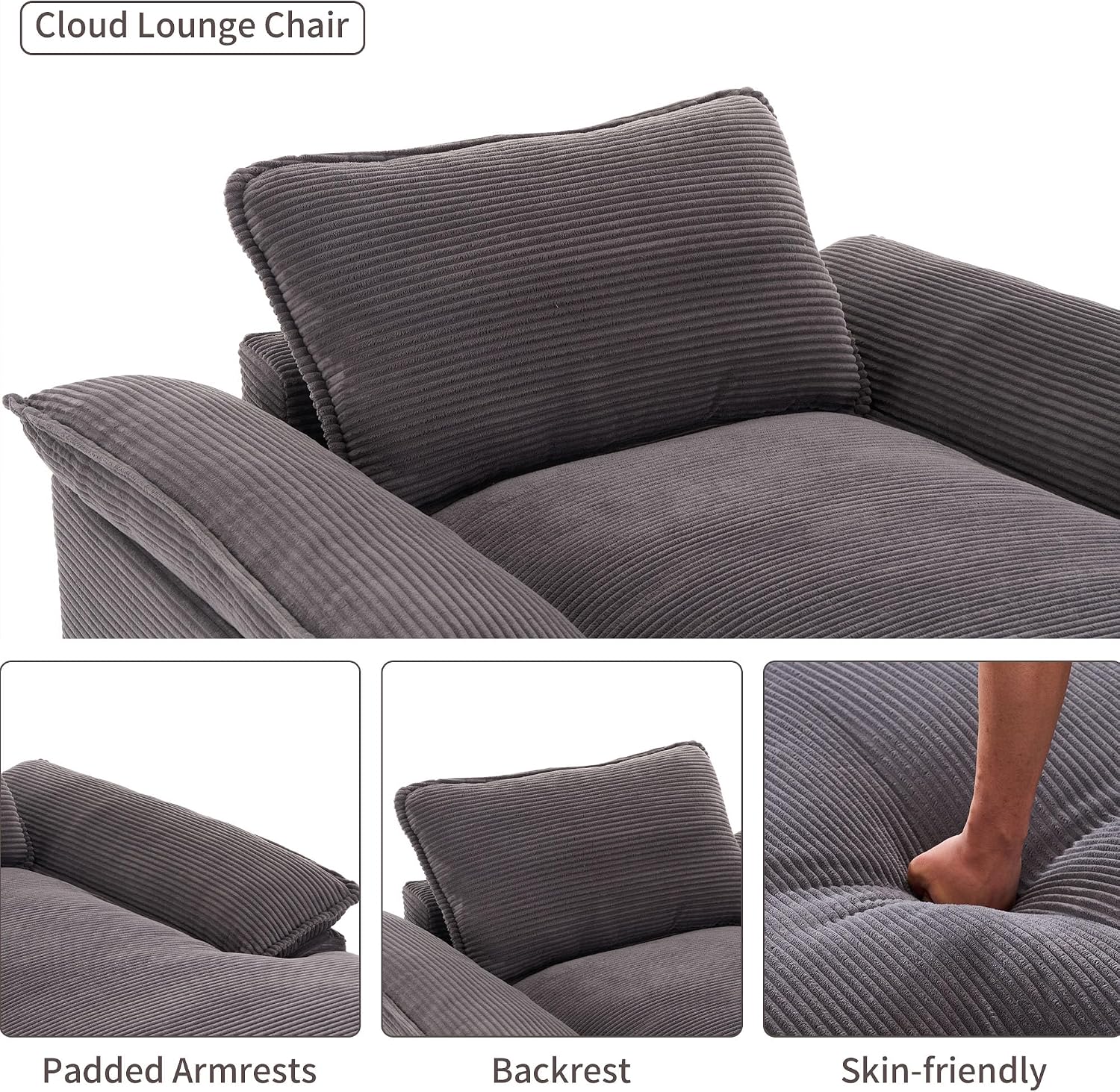 67" Oversized Chaise Lounge Chair Indoor, Boneless Large Comfy Reading Chair, Corduroy Upholstered Deep Seat Sleeper Sofa Bed,Chaise Lounge Couch with Padded Armrests for Living Room,Bedroom,Dark Grey
