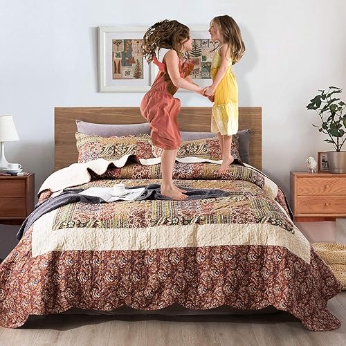 Vista 133 de NEWLAKE Juego de colcha de algodón, juego de colcha reversible de retazos, patrón floral hermoso europeo, tamaño King Beige,Floración clásica