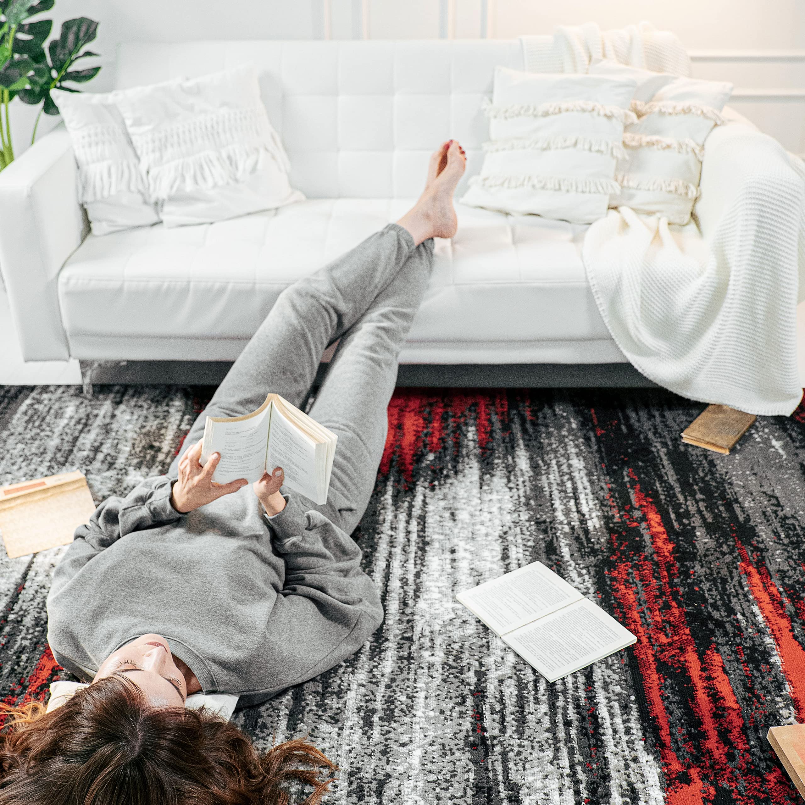 TAPISO Maya Teppich Kurzflor Modern Verwischt Meliert Streifen Design Schwarz Grau Rot Weiß Wohnzimmer Schlafzimmer ÖKOTEX 120 x 170 cm