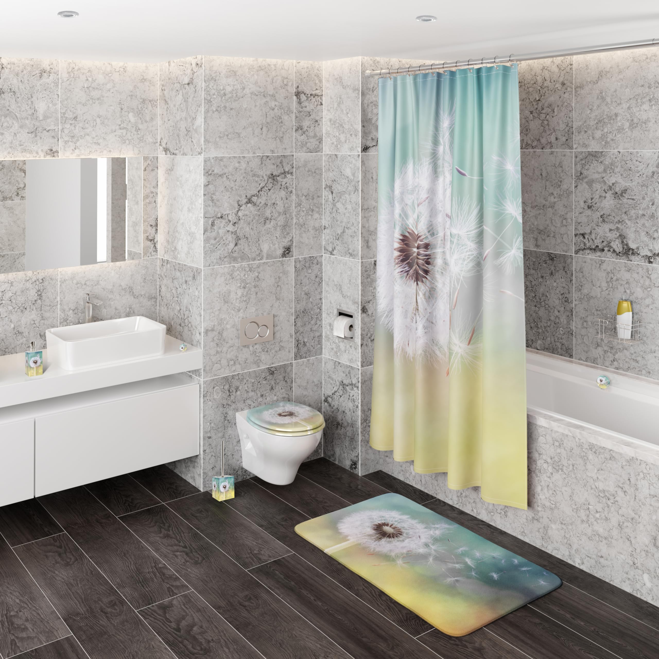 Sanilo Rideau de Douche, Large Choix de Beaux Rideaux de Bain, Haute qualité, 12 Anneaux Inclus, Imperméable, Effet Anti-moisissures (180 x 200 cm, Pissenlit