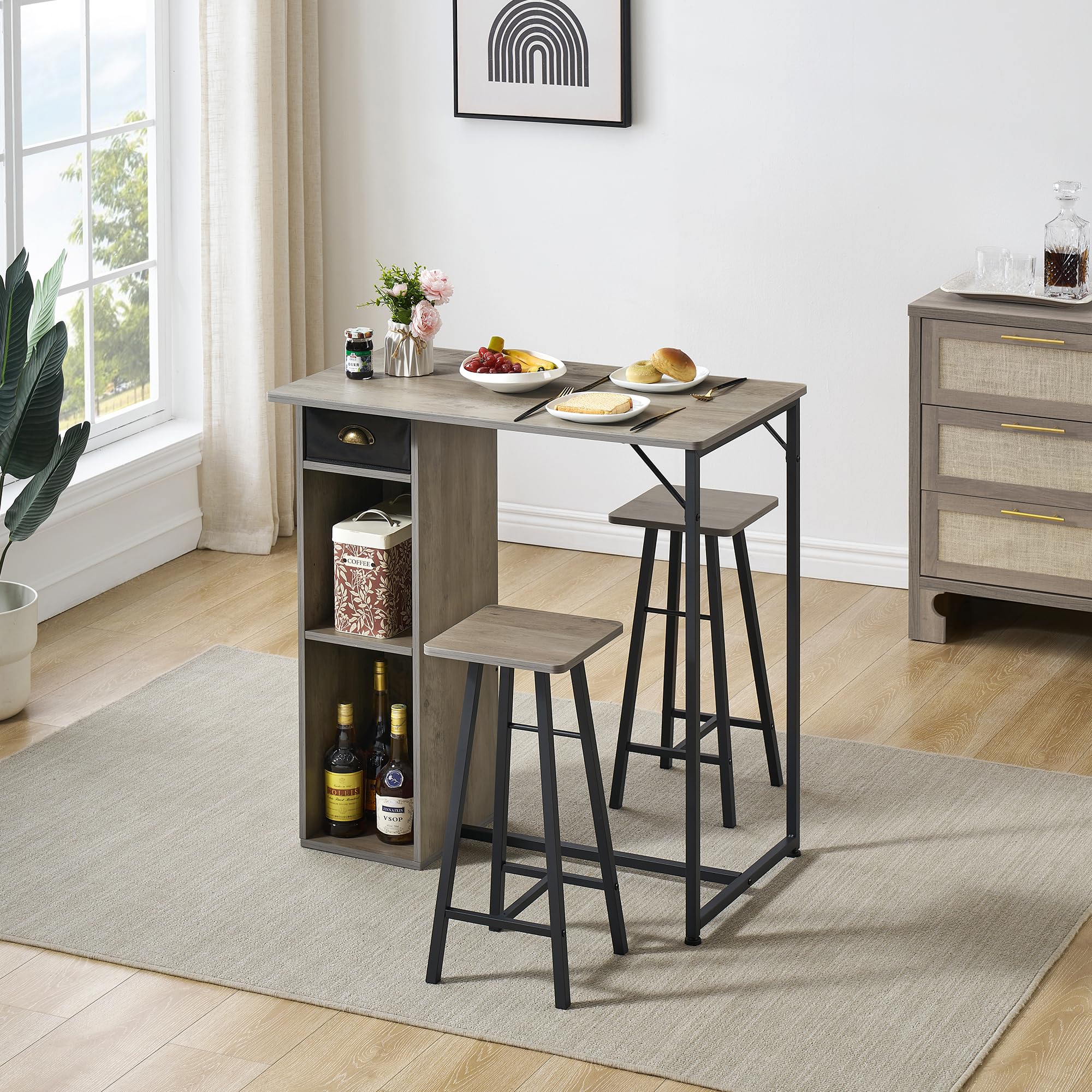 Garvee 3-teiliges Bartisch-Set, küchentisch für 2 Personen, Bartisch Mit Barhocker Tisch mit Metallgestell und Schublade, inklusive 2 Stehhockern und 2 Ablageflächen