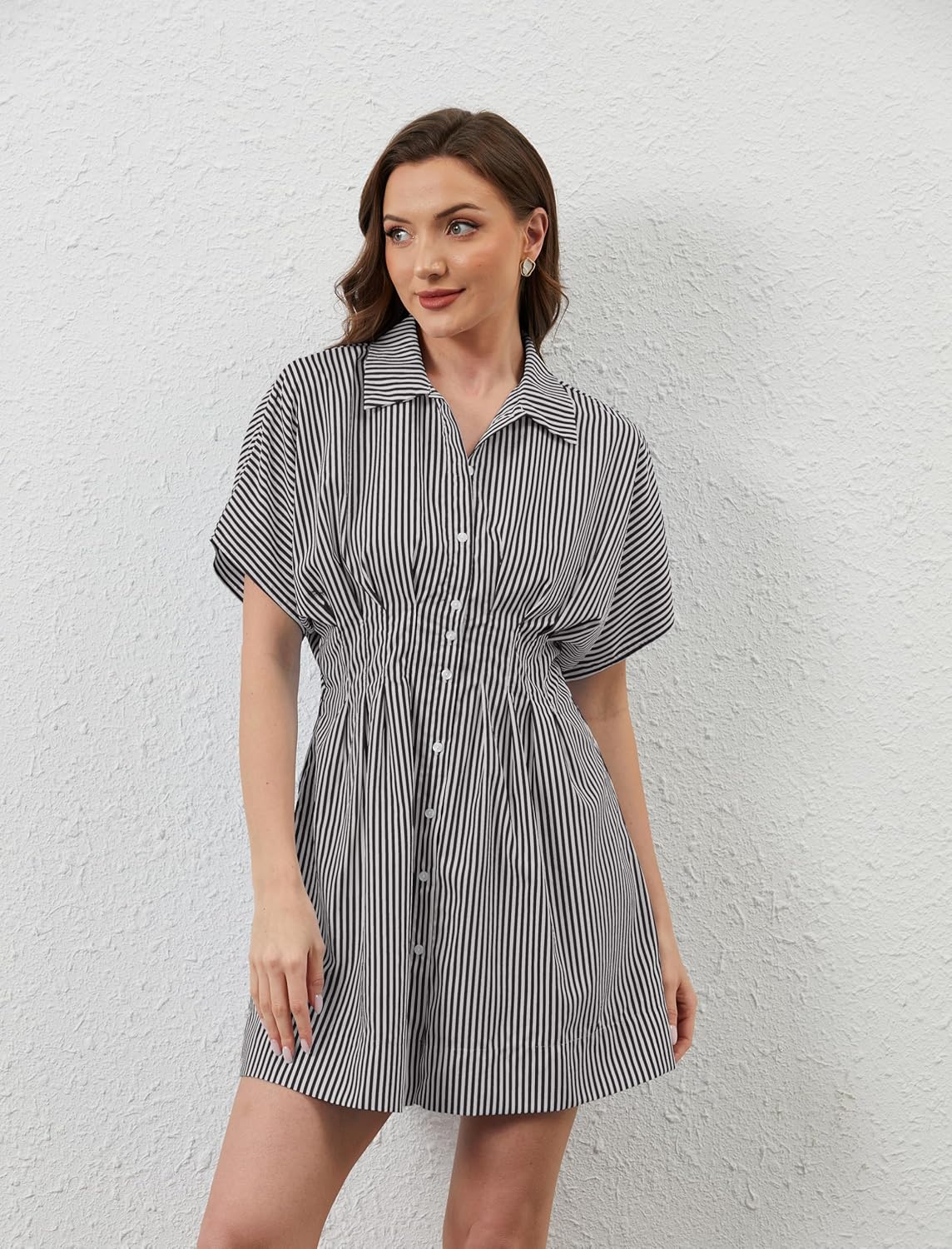 Women Button Down Pleated Shirt Dress Striped Short Sleeve Summer Casual Business Flowy Mini Short Dress - Image 2