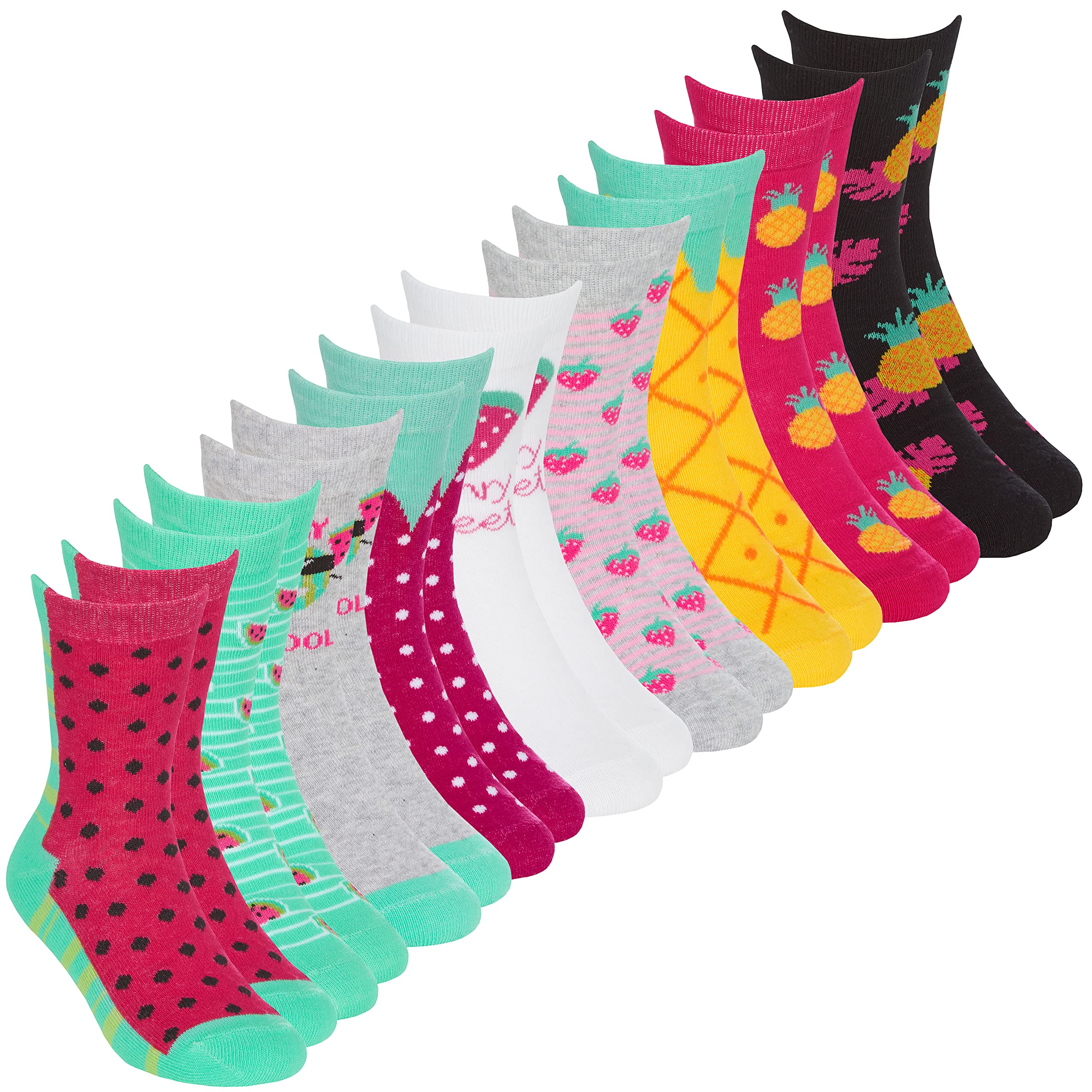 Metzuyan Kids Girls Cotton Rich Novelty Socks Crew Socks Fruity Funky Socks Watermelon Pinapple Strawberry 6-8.5
