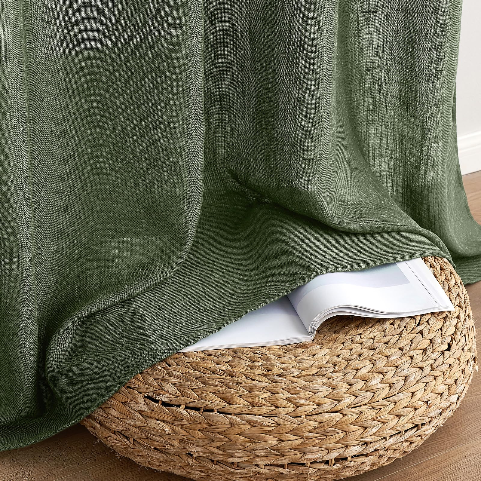 MIULEE Gardinen Vorhänge mit ösen Voile Vorhang kurz Modern Leinenoptik Halbtransparent Ösenvorhang für Wohnzimmer Kinderzimmer Raumteiler 2er Set Olivgrün 245x140 cm