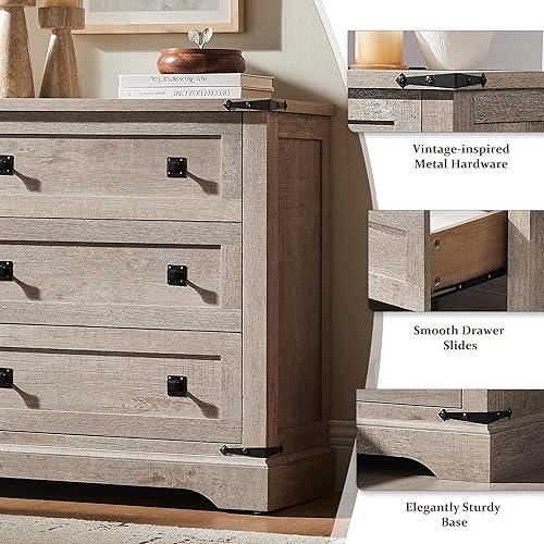 Miniatura 6 de T4TREAM Mesita de noche de granja de 32 pulgadas con estación de carga, mesa auxiliar grande con 3 cajones de almacenamiento, mesita de noche de