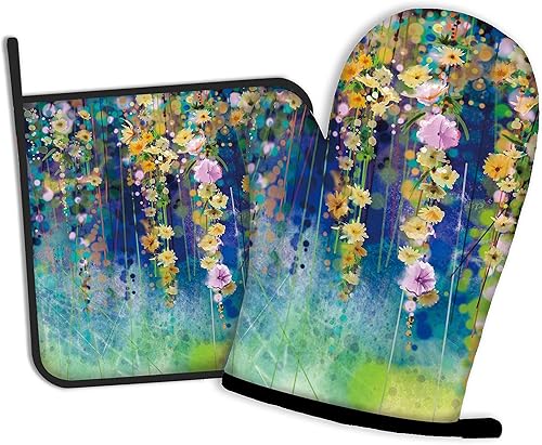 Guantes de cocina abstractos florales para acuarela, guantes de cocina y soportes para ollas de cocina, juego de 2 piezas, almohadilla resistente al disponible en Yaxa Costa Rica