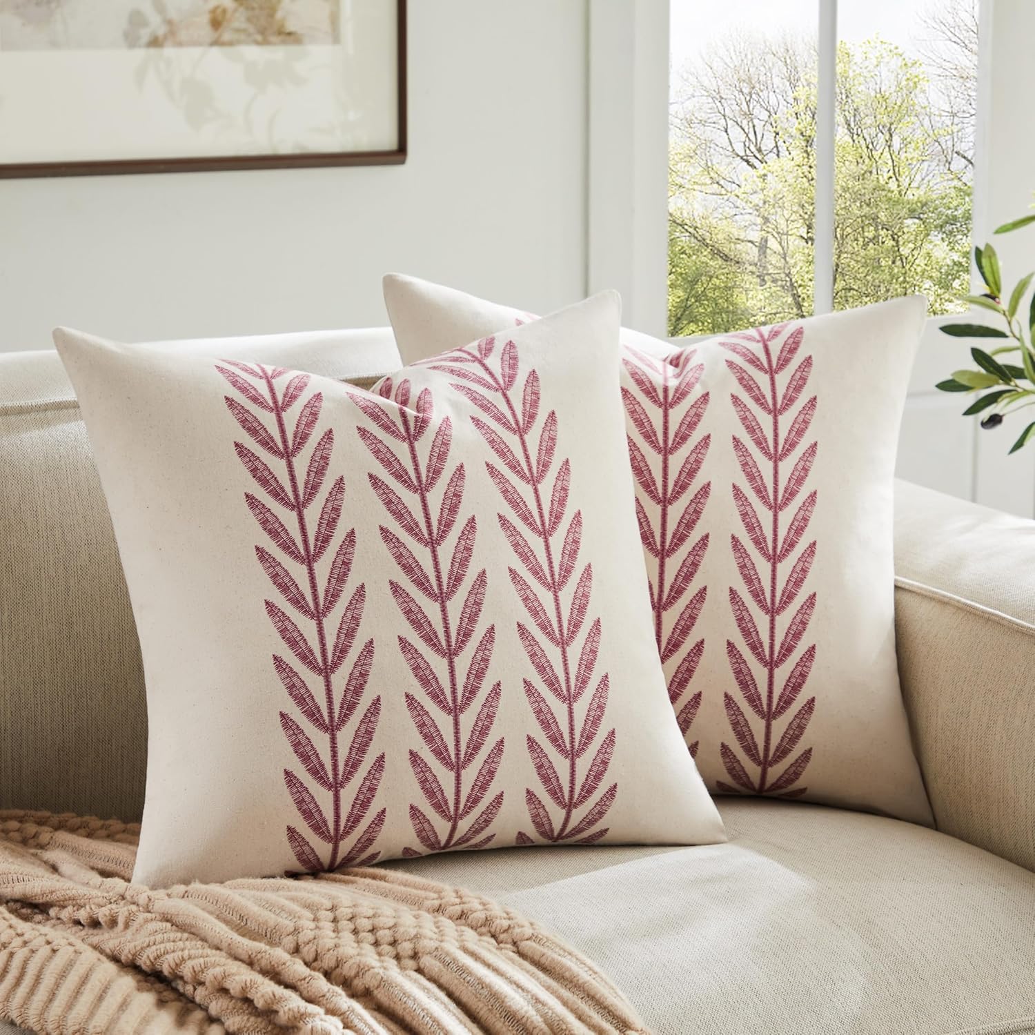 100% Cotton Farmhouse Leaves Throw Pillow Covers Set of 2, 20x20 Inch Green Pastoral Decorative Print Cushion Covers for Sofa Bed Living Room Home Decor