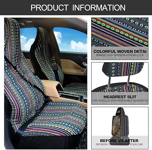Miniatura 3 de Frienda Juego completo de 14 fundas de asiento de automóvil Baja con estampado bohemio de rayas multicolor para volantecinturón de seguridad,