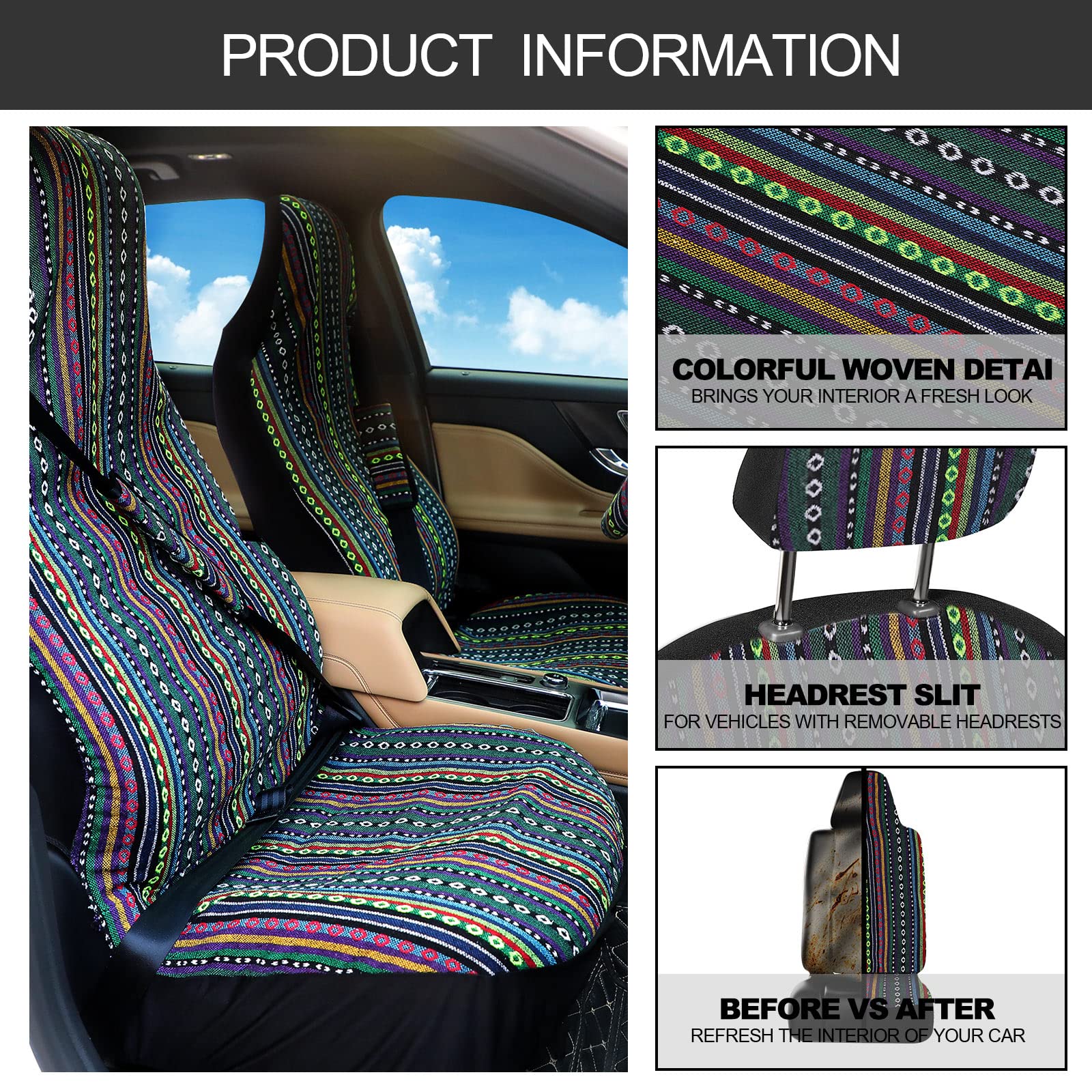 Frienda Baja - Lot Complet de 14 Housses de siège de Voiture à Rayures Multicolores - Housse de Volant - Housse de Ceinture de sécurité - Ornement à Suspendre - pour Voiture (Style élégant)