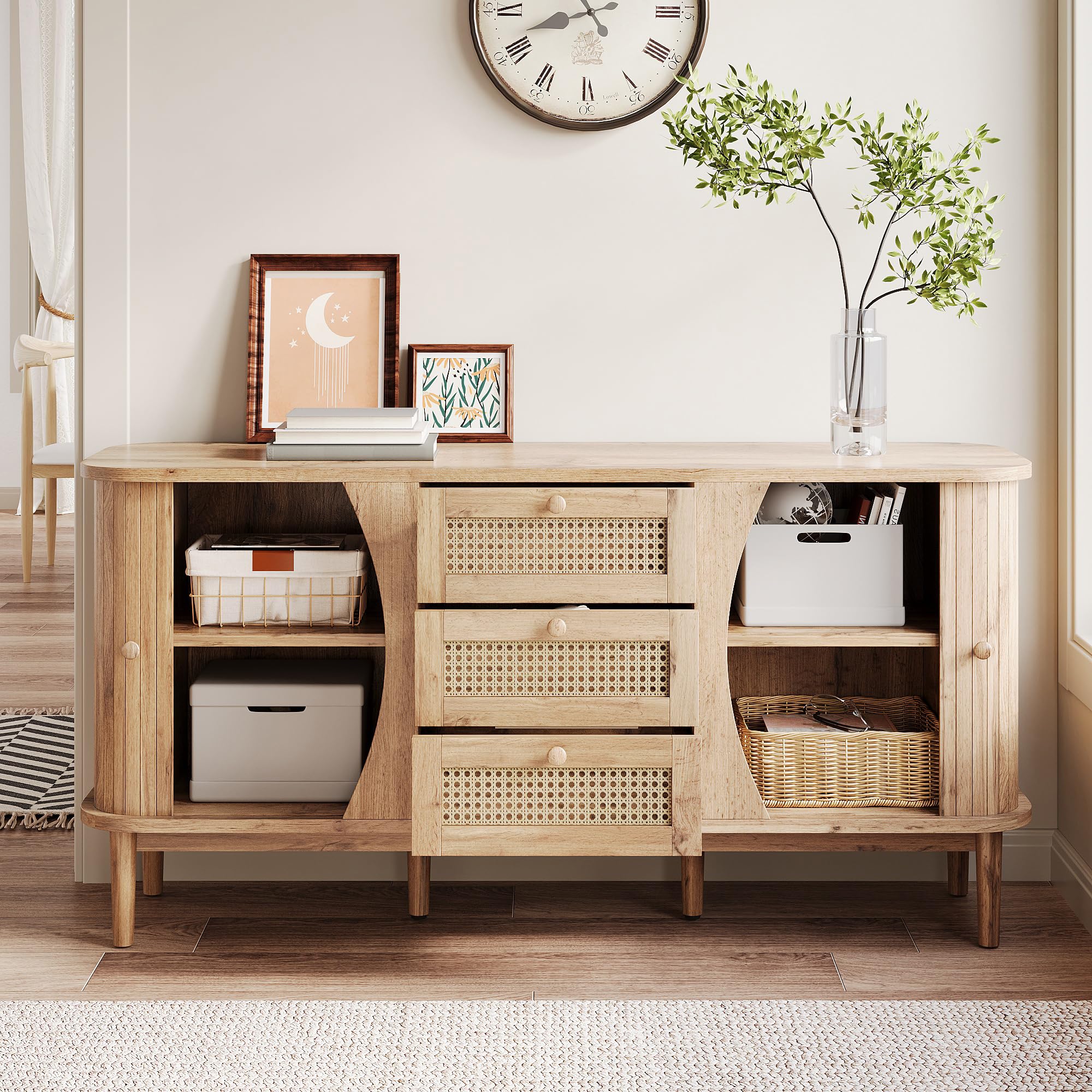 Credenza con 3 cassetti in rattan e ante scorrevoli, ripiani regolabili in altezza e angoli arrotondati, cassettiera per soggiorno, camera da letto e corridoio, grande spazio di archiviazione