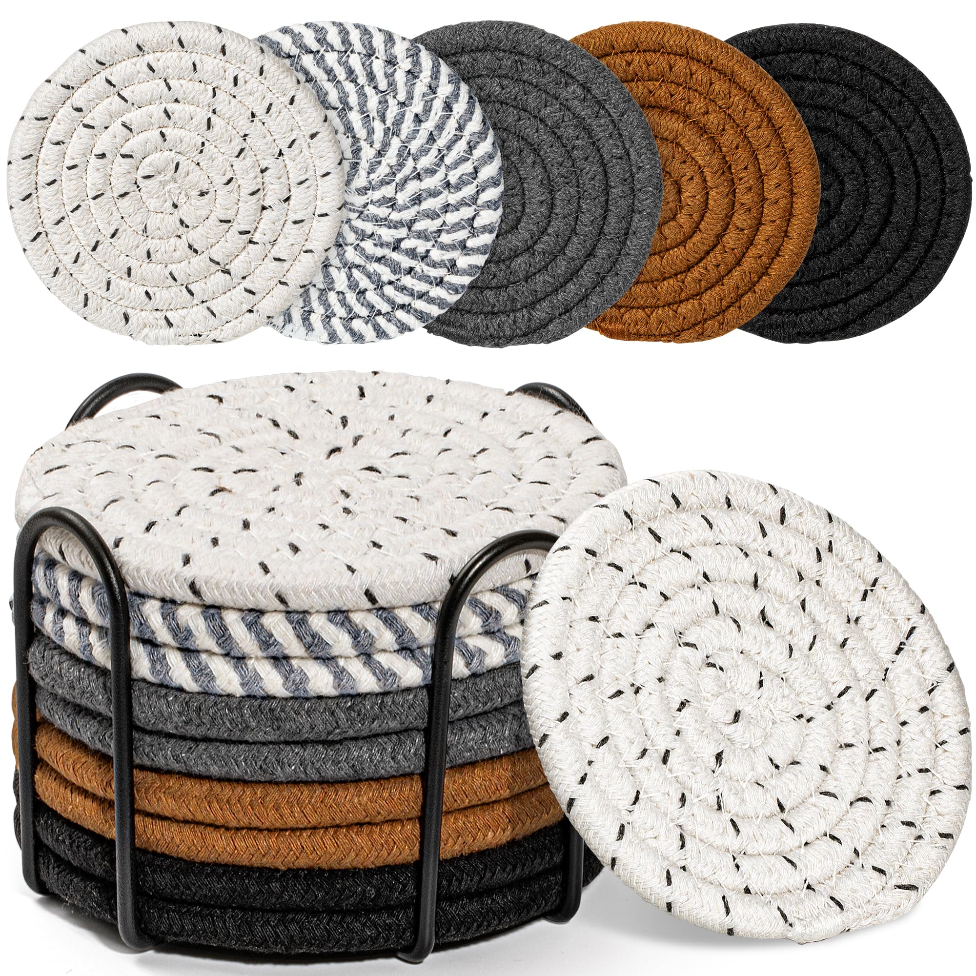 Effectyou10 Pcs Drink Coasters with Holder, 5 Colors Absorbent Coasters for Drinks 4.3 Inch Cup Coasters Minimalist Cotton Coaster Set Woven Coasters for Coffee Table Bar Home Decor Housewarming Gift