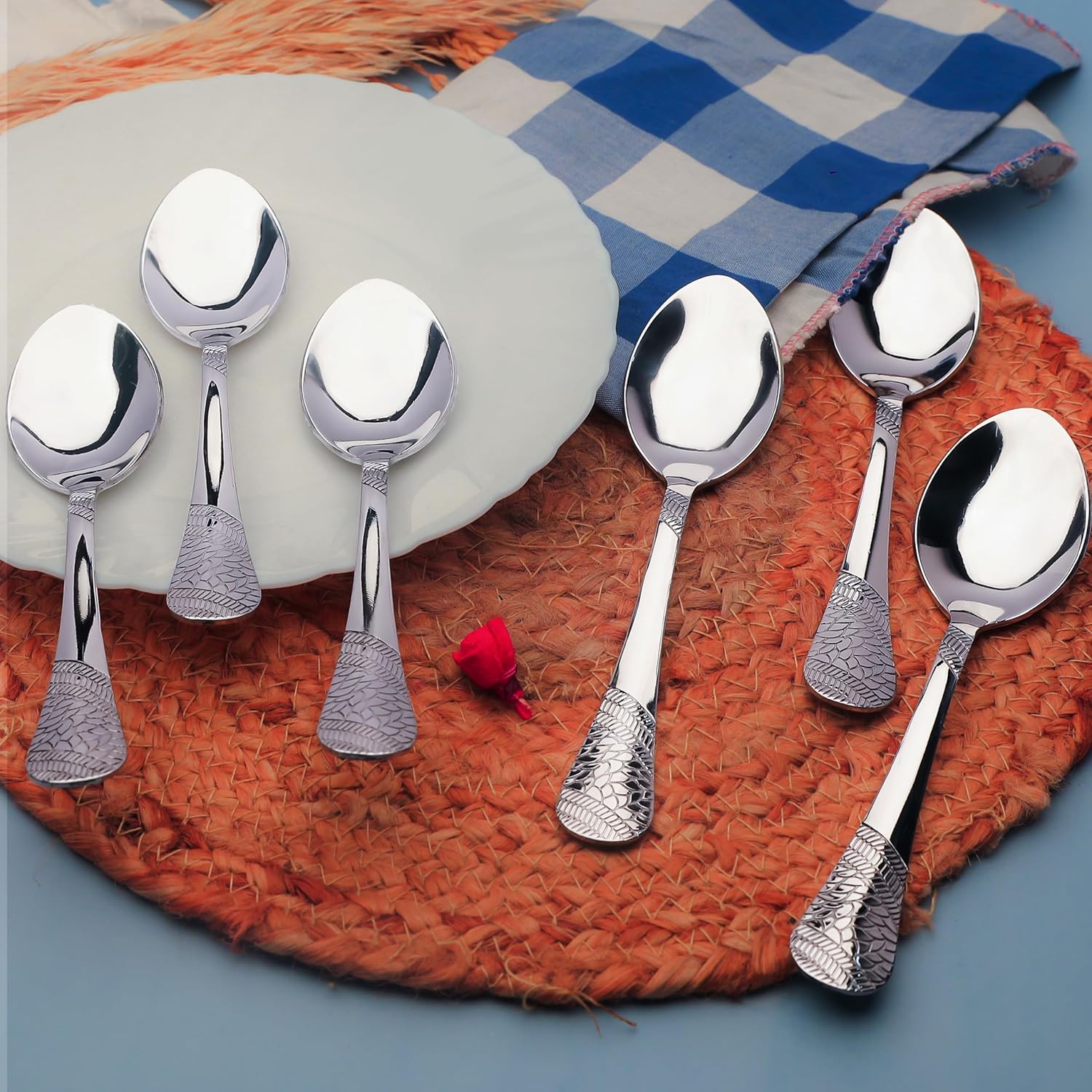 Stainless Steel Spoons Set of 6,18 cm Long, Premium Spoons for Home & Kitchen, Luxury Dinning Tableware Gift for House Warming,6 Pieces Big Spoons, Silver Imperial Design