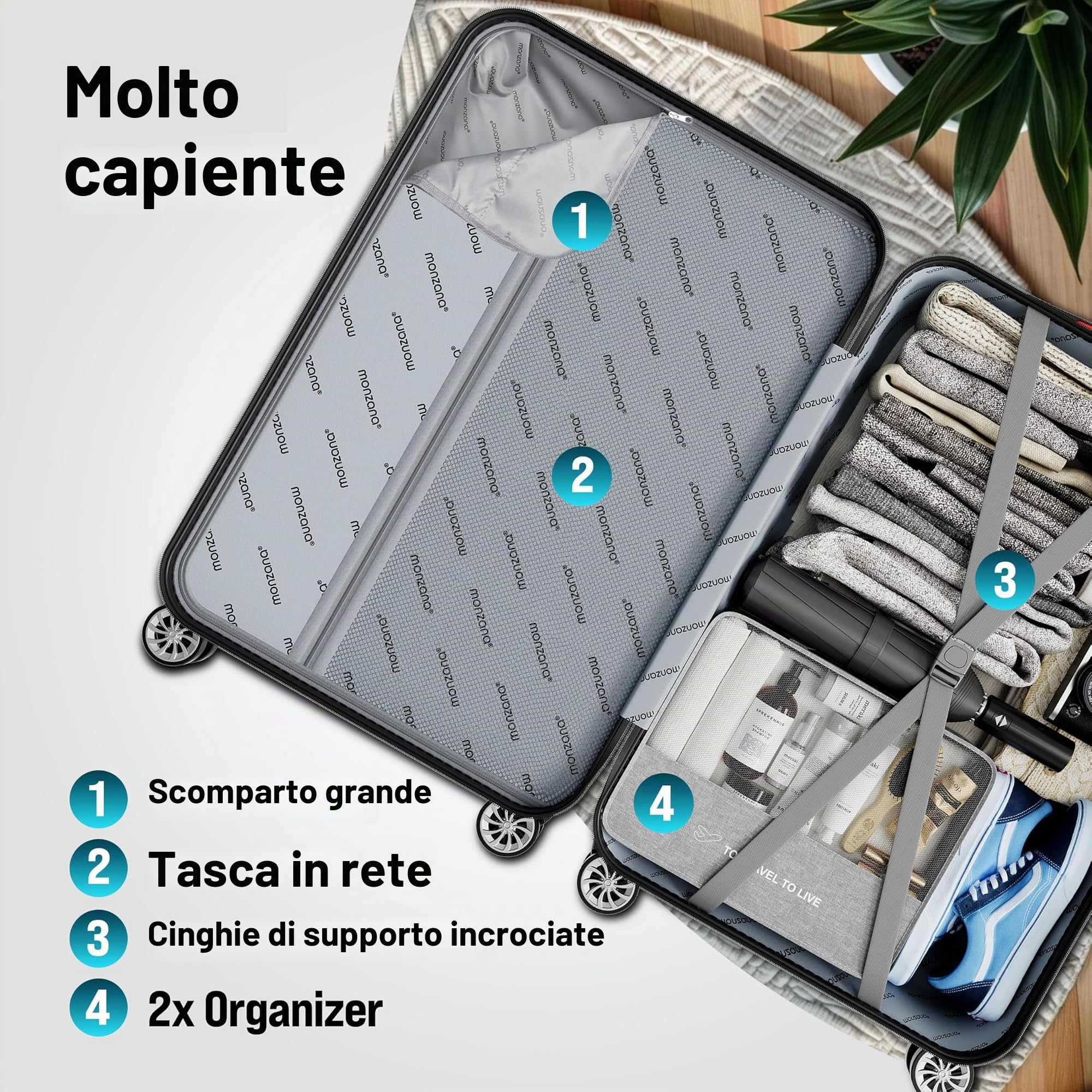Monzana® Set di Valigie 3 Pezzi con Lucchetto Organizer Cinghia Maniglie Ruote Doppie Piedi Trolley Rigido M-L-XL