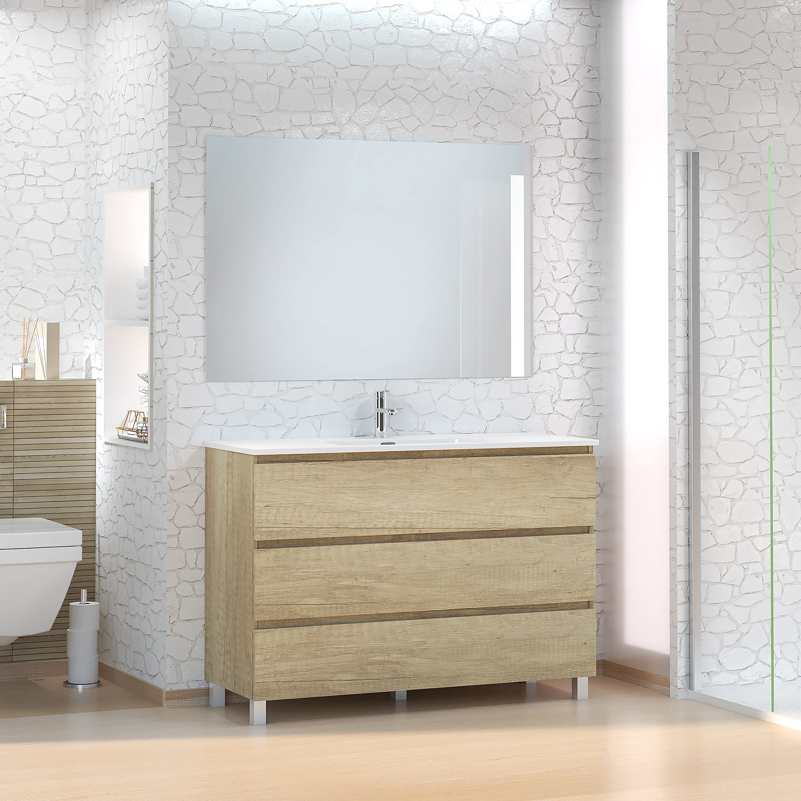 Baikal Conjunto de Mueble de Baño Neo con Espejo Luna Lisa, Tres Cajones o Dos Puertas, Mueble con Patas. Varios Acabados y Medidas. Melamina 16mm. Mueble MONTADO. 3c 120 Nature