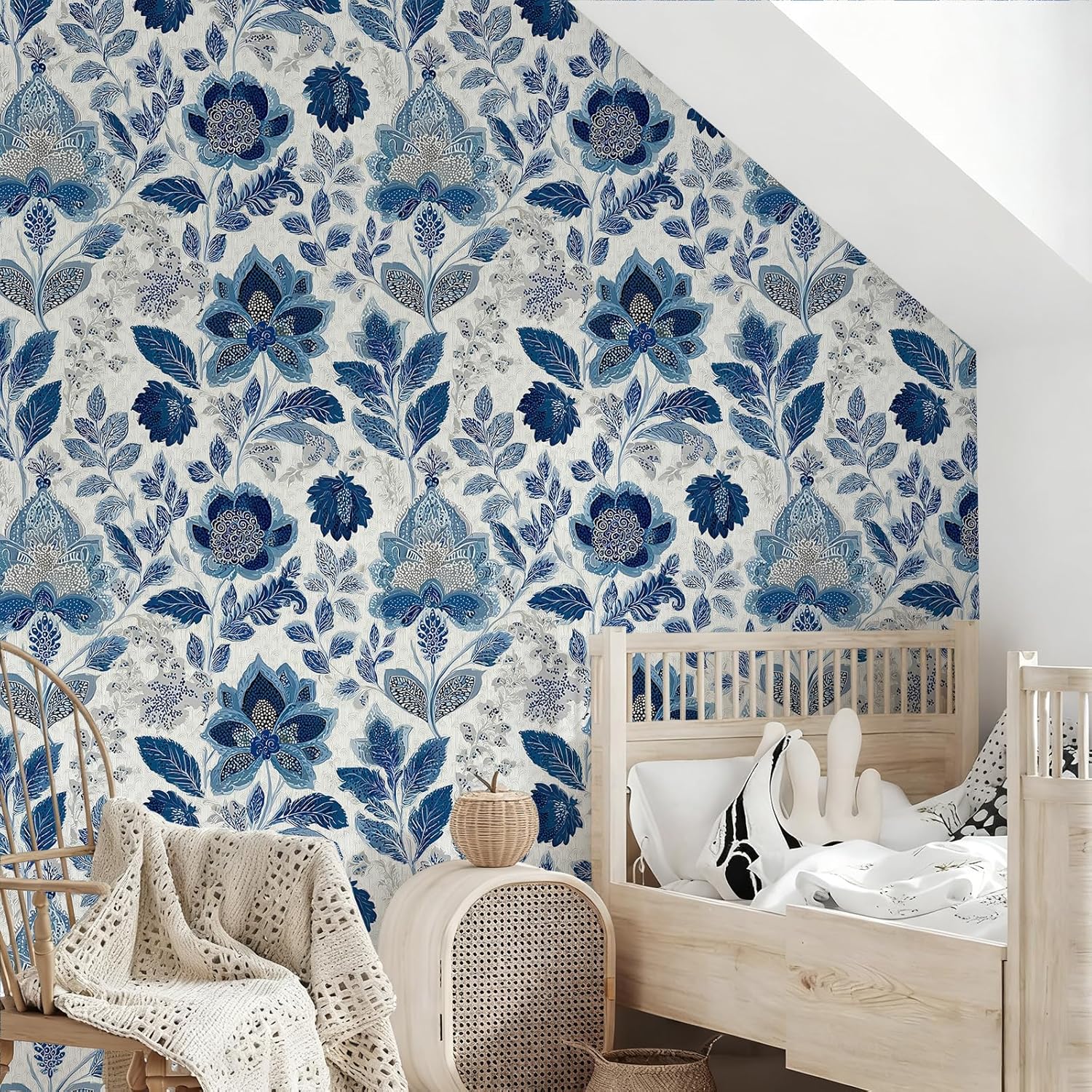 Vintage Blue Floral Wallpaper Peel and Stick Removable 17.7" x 236.22" Intricate Paisley-Infused Botanical Wall Paper Self Adhesive for Classroom Bedroom Laundry Room Bathroom