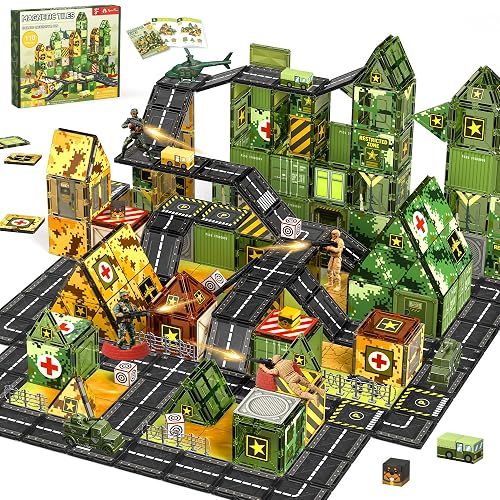 VigorFun Army Magnetic Tiles Building Toys Set for Kids Ages 3-5 4-8, STEM Military Magnetic Blocks with Army Men for Toddler, Educational Sensory Magnet Toys Gifts for Boys Girls Learning Classroom