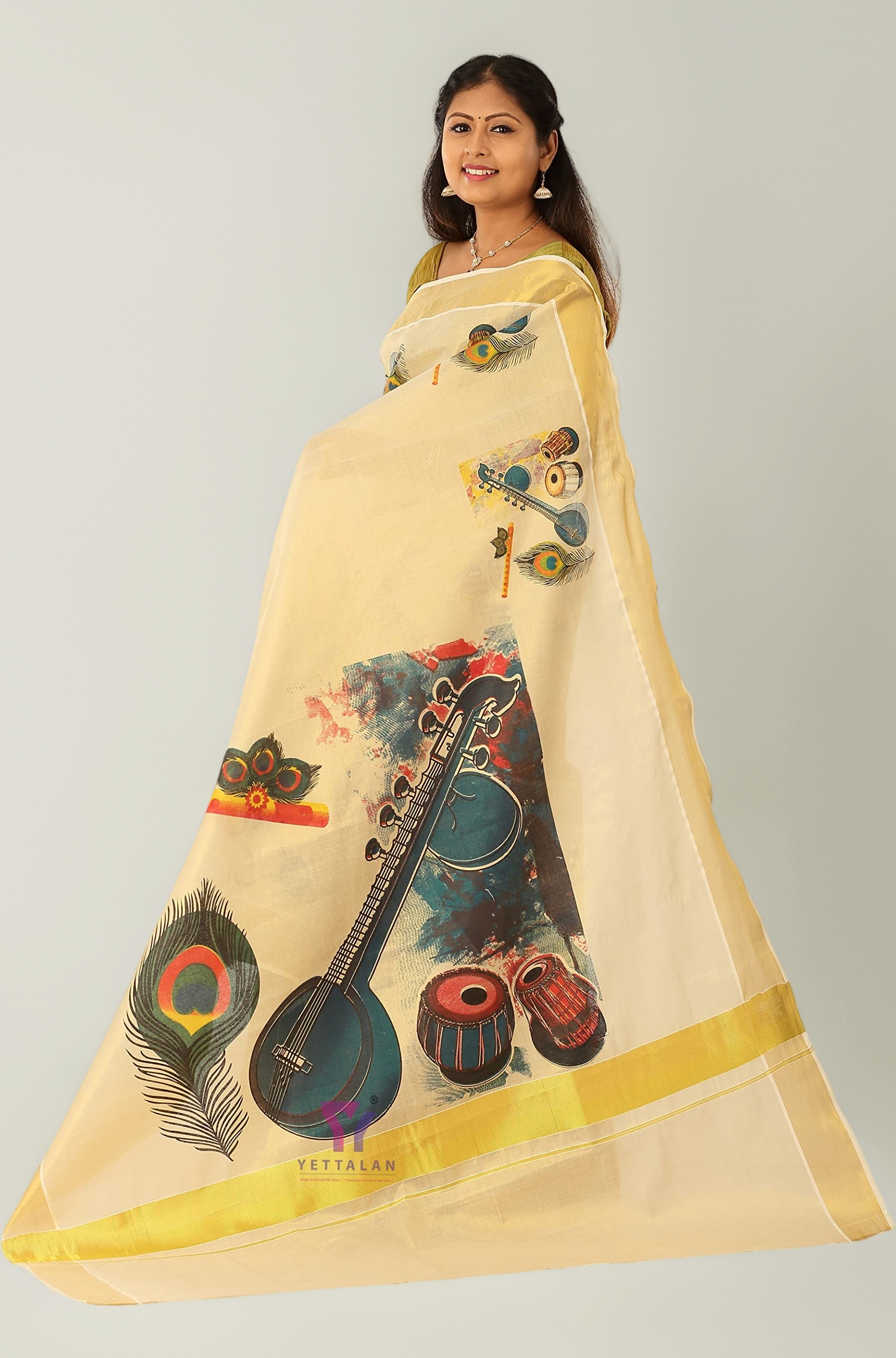 Women's Mural Printed Kerala Gold Tissue Saree with Running Blouse Piece | Traditional South Indian Ethnic Saree for Festivals, Weddings & Special Occasions