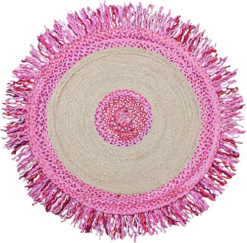 CASAVANI Circle - Alfombra redonda de 4 pies, color rosa y beige, con borlas, trenzada, de algodón chindi, alfombra geométrica de yute para