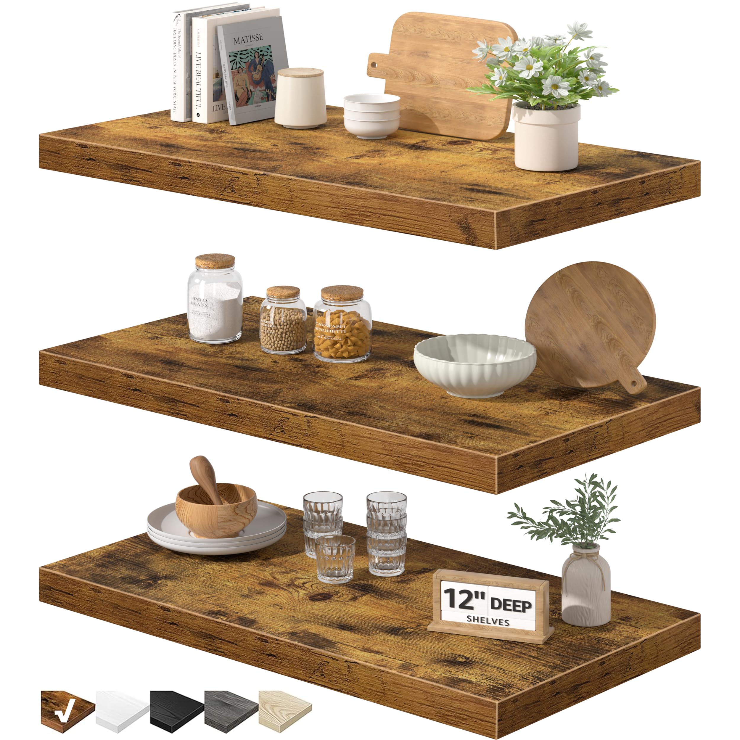 Photo 1 of ***STOCK PHOTO FOR REFERENCE ONLY***
QEEIG 12" Deep Floating Shelves for Wall - 12 x 24 inch Book Shelf Bathroom Bedroom Kitchen Living Room Hanging Bookshelf Farmhouse Set of 3, Brown (026-60BN3)