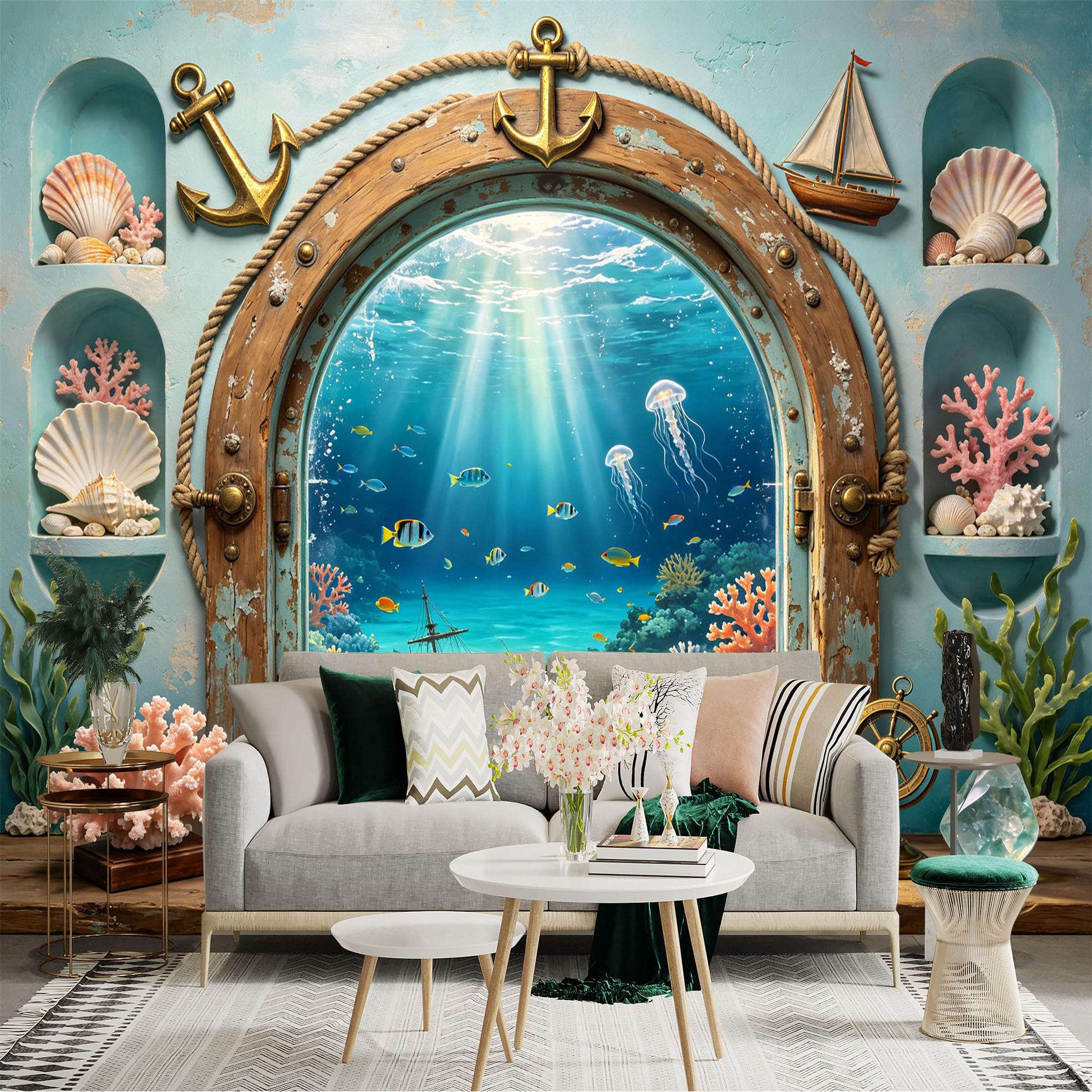 Custom Size Wall Sticker Mural， Nautical Underwater Coral Reef， Ocean View Porthole， Tropical Fish and Jellyfish， for wall Decoration， peelandstick wall Decals.
