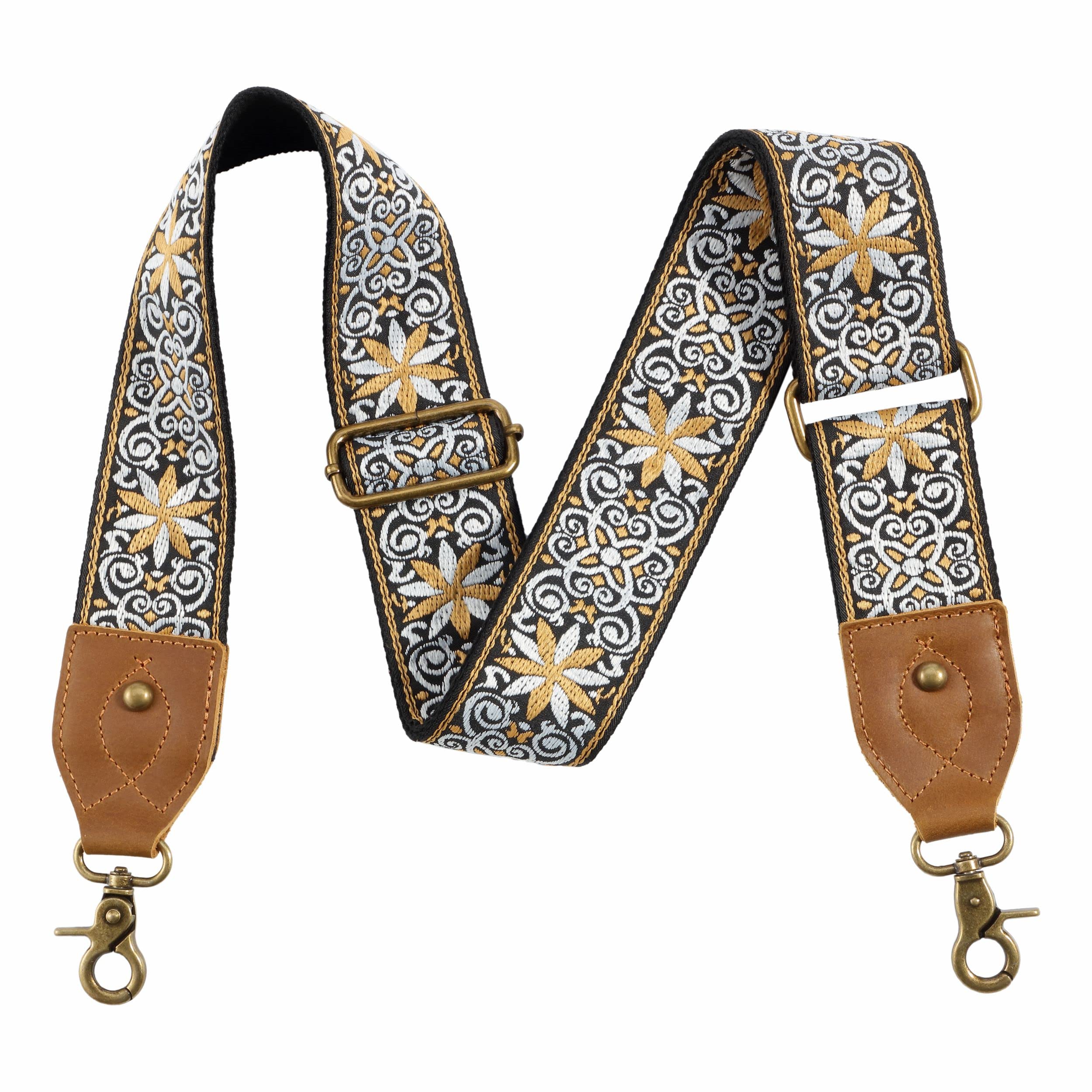 Nefelibata Purse Strap-2"Crazy Horse Leather Bag Strap Adjustable Replacement,Retro Jacquard Embroidery Crossbody Straps