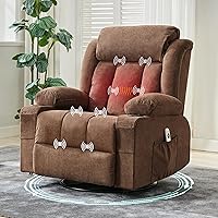 PeacefulHues 360° Swivel Rocker Recliner Chair with Heat Massage USB Ports Cup Holders Brown
