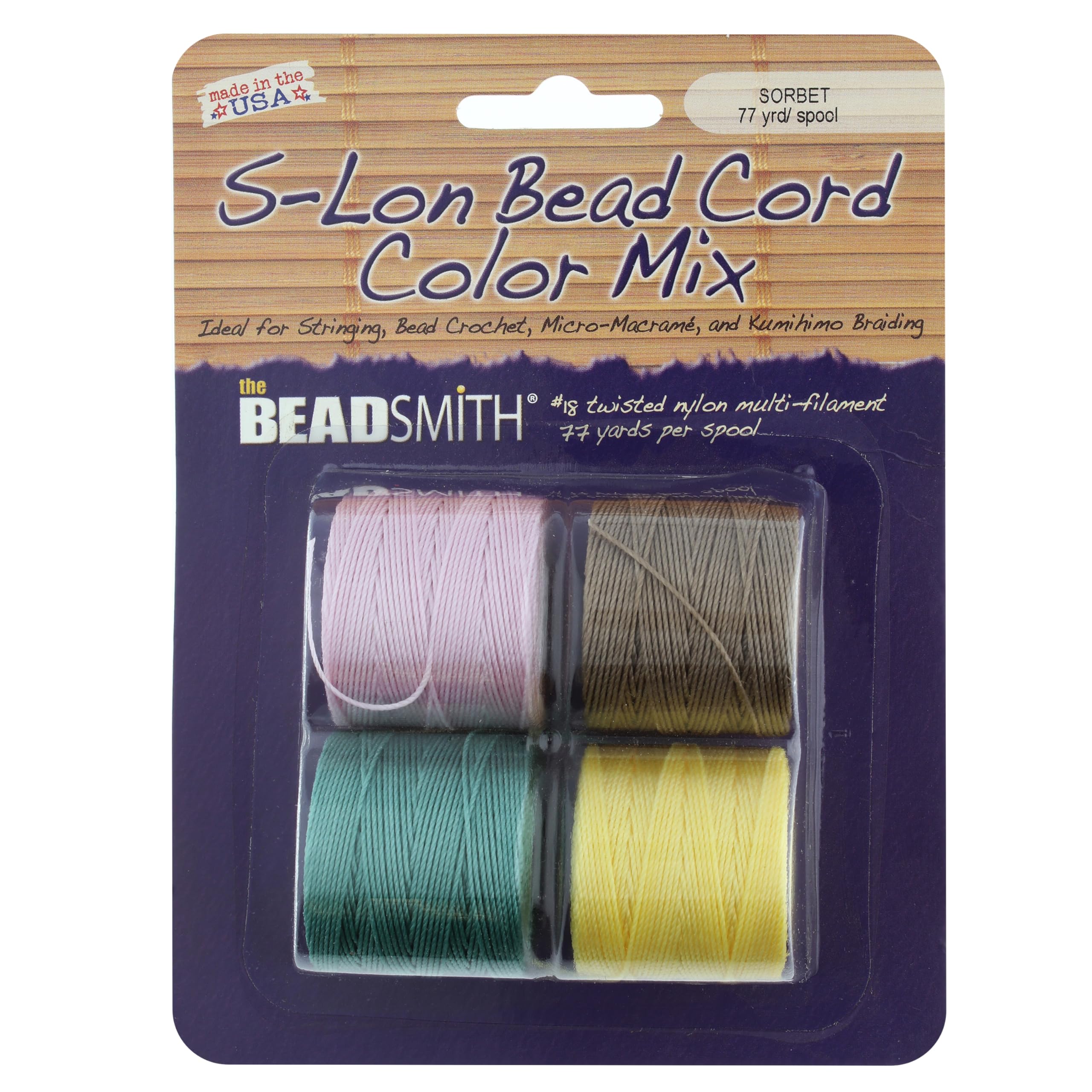 The Beadsmith S-Lon # 18 - Filo di nylon Sorbet Mix - Tex210 Cord, diametro 5 mm, confezione da 4 bobine da 70 m - per infilare perline, uncinetto, gioielli micro-macramè e progetti kumihimo