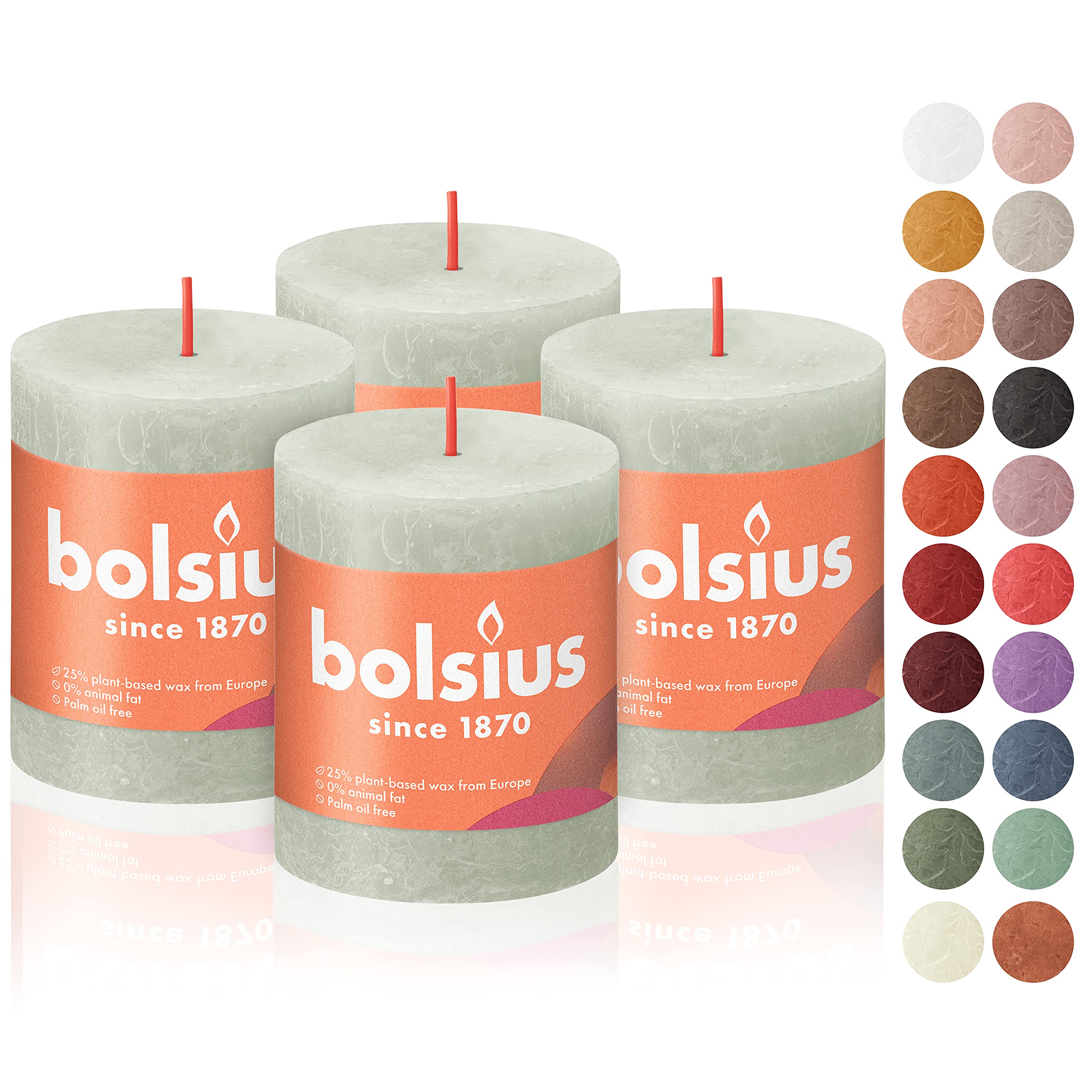 BOLSIUS 4 Pack Foggy Green Rustic Pillar Candles - 2.75 X 3.25 inches - Premium European Quality - Includes Natural Plant-Based Wax - Unscented Dripless Smokeless 35 Hour Party Décor Candles