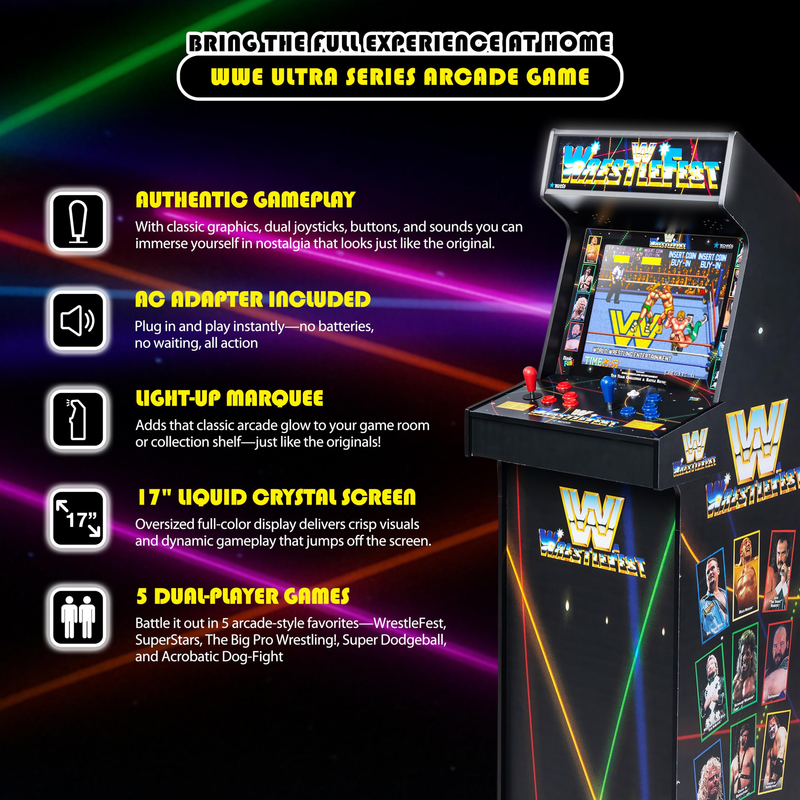 Arcade Classics Maszyna do gier WWE Ultra Series z ekranem ciekłokrystalicznym 17 cali i 5 grami - klasyczna konsola do szafek wewnętrznych do gier domowych i piwnic