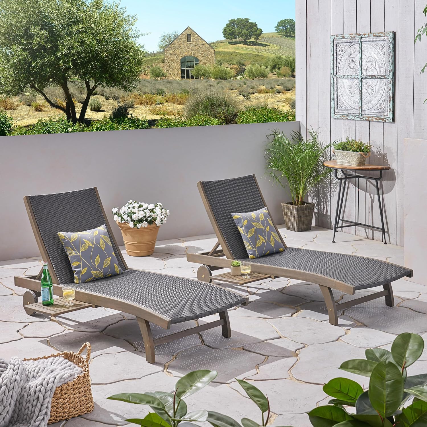 Merax Outdoor Chaise Lounge Set, Adjustable Patio Reclining Chair with Pull-Out Tray and Wheels, Wicker and Acacia Wood Lounge for Poolside Backyard Deck, Set of 2, Grey