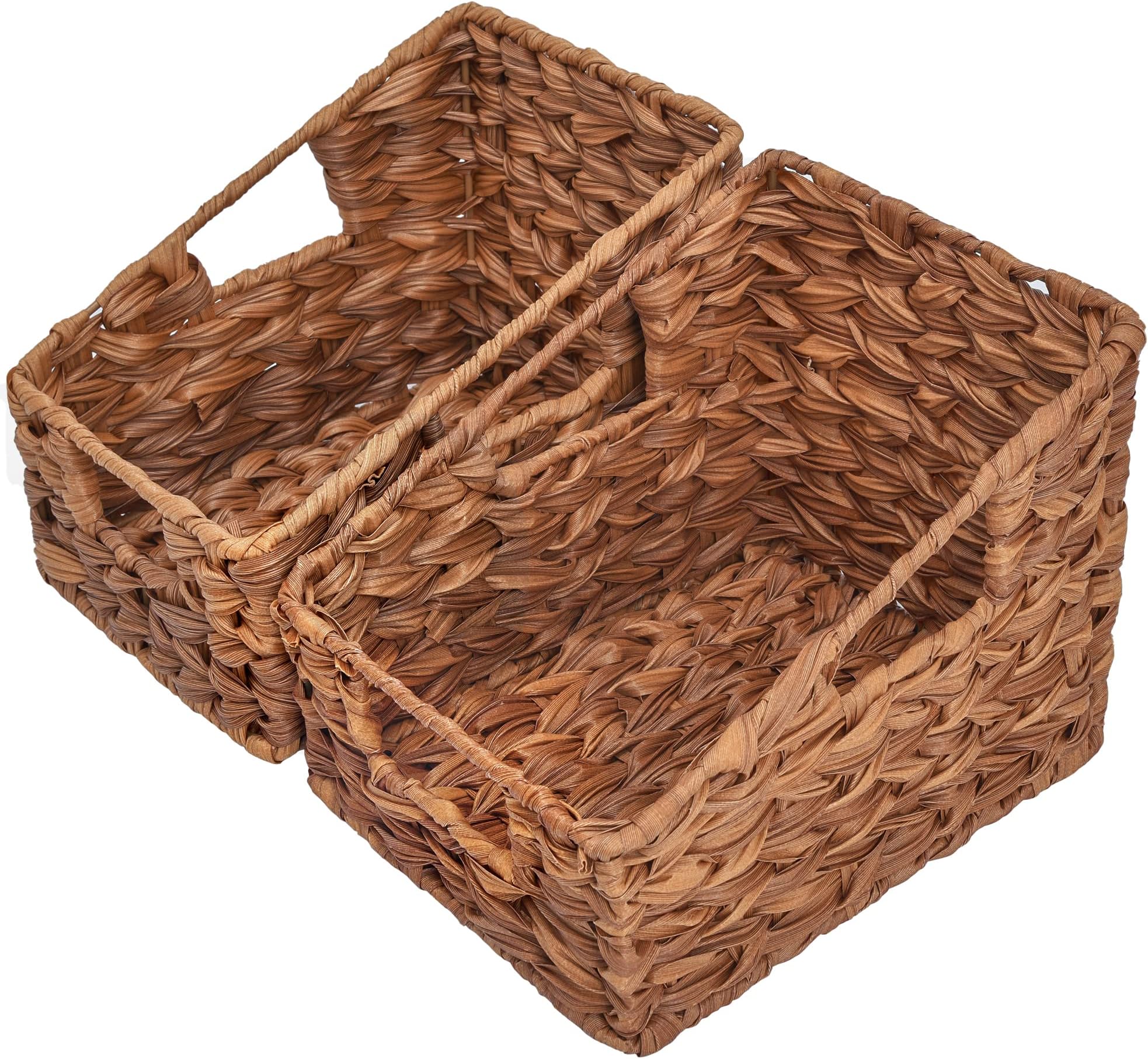 GRANNY SAYS Wicker Storage Baskets for Shelves, Trapezoid Woven Basket with Handles, Waterproof Storage Wicker Baskets for Organizing Pantry Cabinet, Caramel Orange, 2-Pack