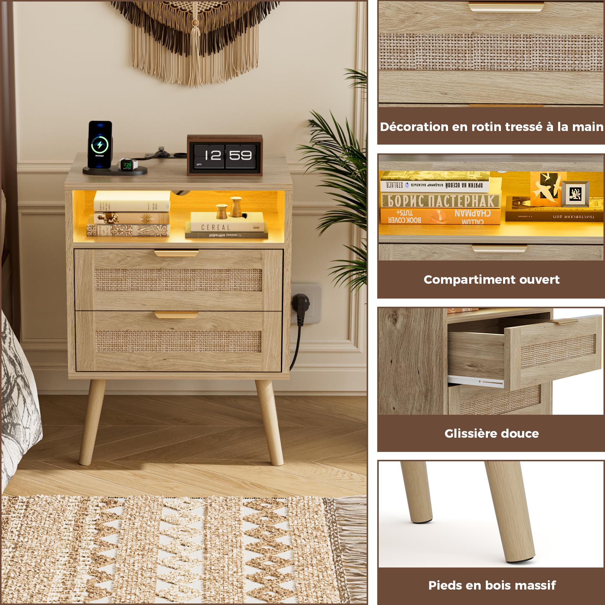 BonVache Table de Chevet Lot de 2 avec Lumière Réglable, Table de Nuit, Prise intégrée et Ports USB-A & C, Compartiment Ouvert et 2 Tiroirs en Cannage, Pieds en Bois Massif, Rotin Naturel