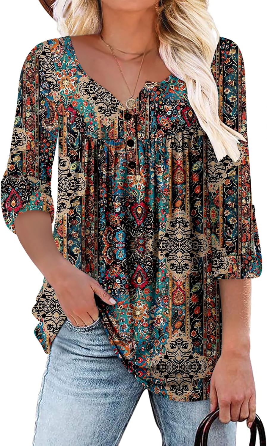 ROSELINLIN Womens Long Sleeve Tunic Tops Floral Fall Blouse Shirts