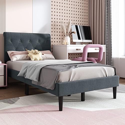 alazyhome Upholstered Platform Bed Frame with Headboard/Steel Wood Slat Support/Mattress Foundation/No Box Spring Needed/Easy Assembly Dark Grey,Twin