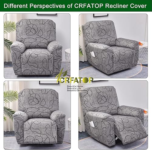 Miniatura 3 de CRFATOP Funda reclinable con estampado floral con bolsillos, funda reclinable individual, 4 piezas, funda para sillón reclinable con parte inferior