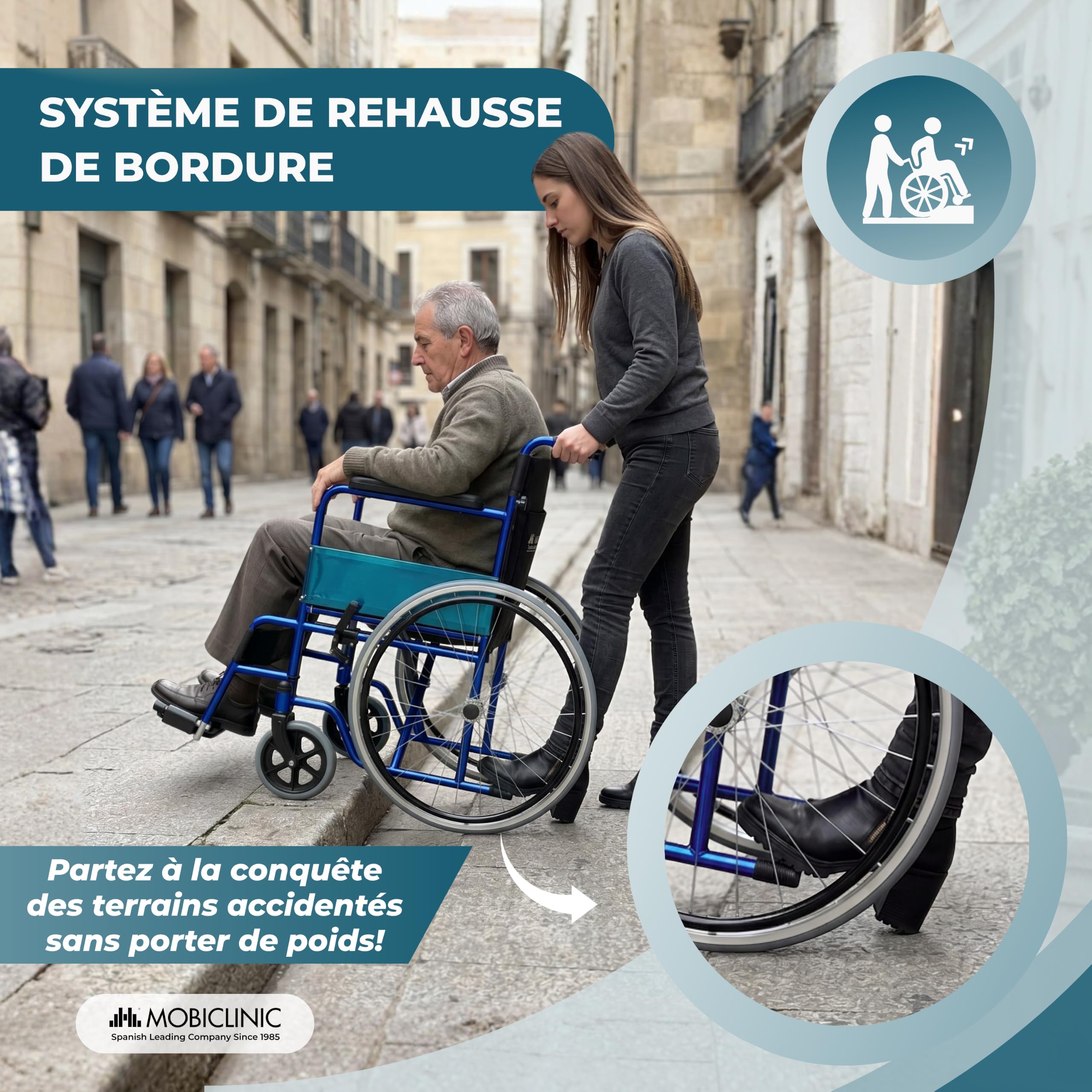 Mobiclinic®, Fauteuil roulant pliant, Alcázar, Marque européenne, Siège 46 cm, Frein manuel, Accoudoirs fixes et repose-pieds pliants, Pour personnes handicapées, Couleur bleu/noir