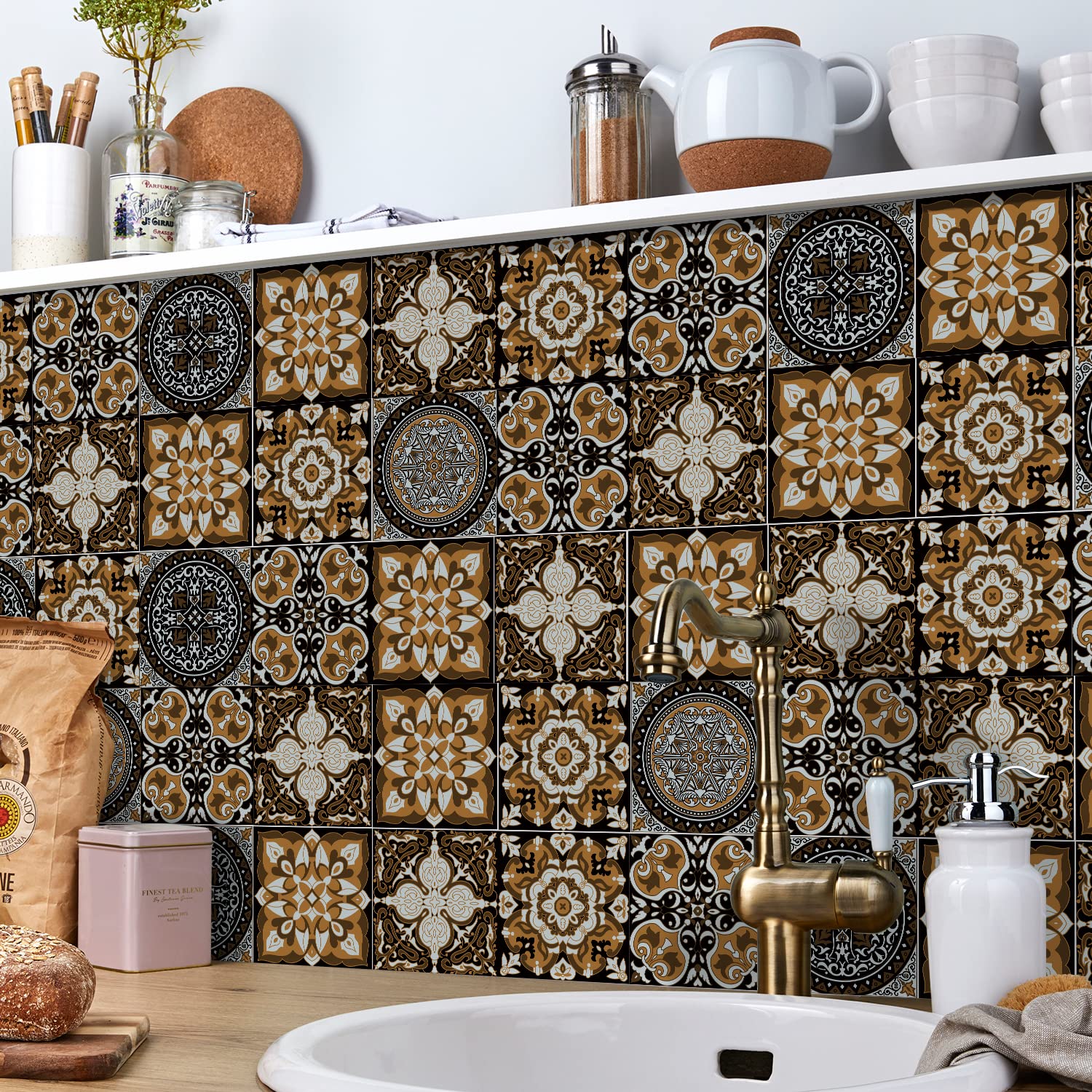 24PCS Tile Stickers Mandala Style Wall Decal Sticker Adhesive Tile Art DIY Kitchen Bathroom Backsplash Floor Home Decor PVC Waterproof Oil Proof - Image 2