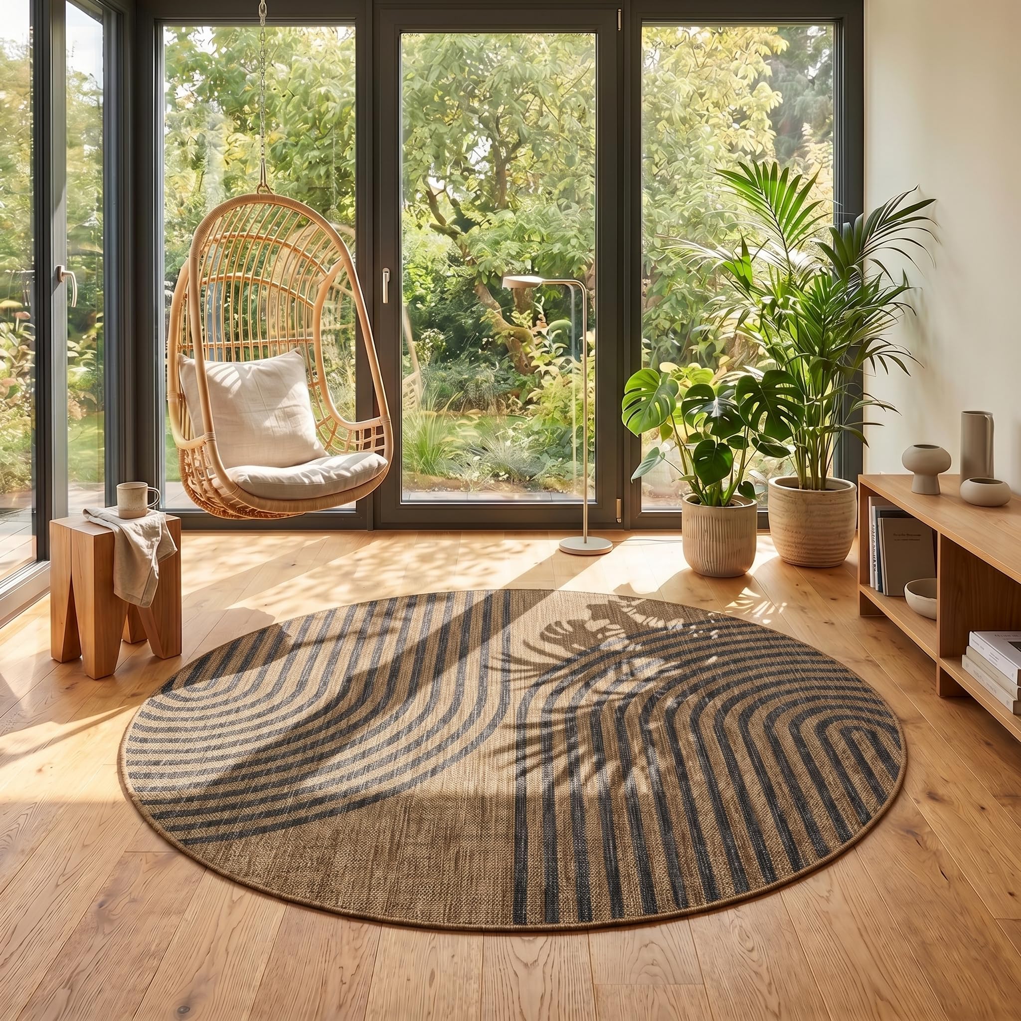 HomebyHome Outdoor Teppich Schwarz Natur Jute Optik Rund 200 cm Balkon Terrasse Garten Wetterfest UV-beständig Groß XL Boho Design Flachgewebe Pflegeleicht Robust Modern