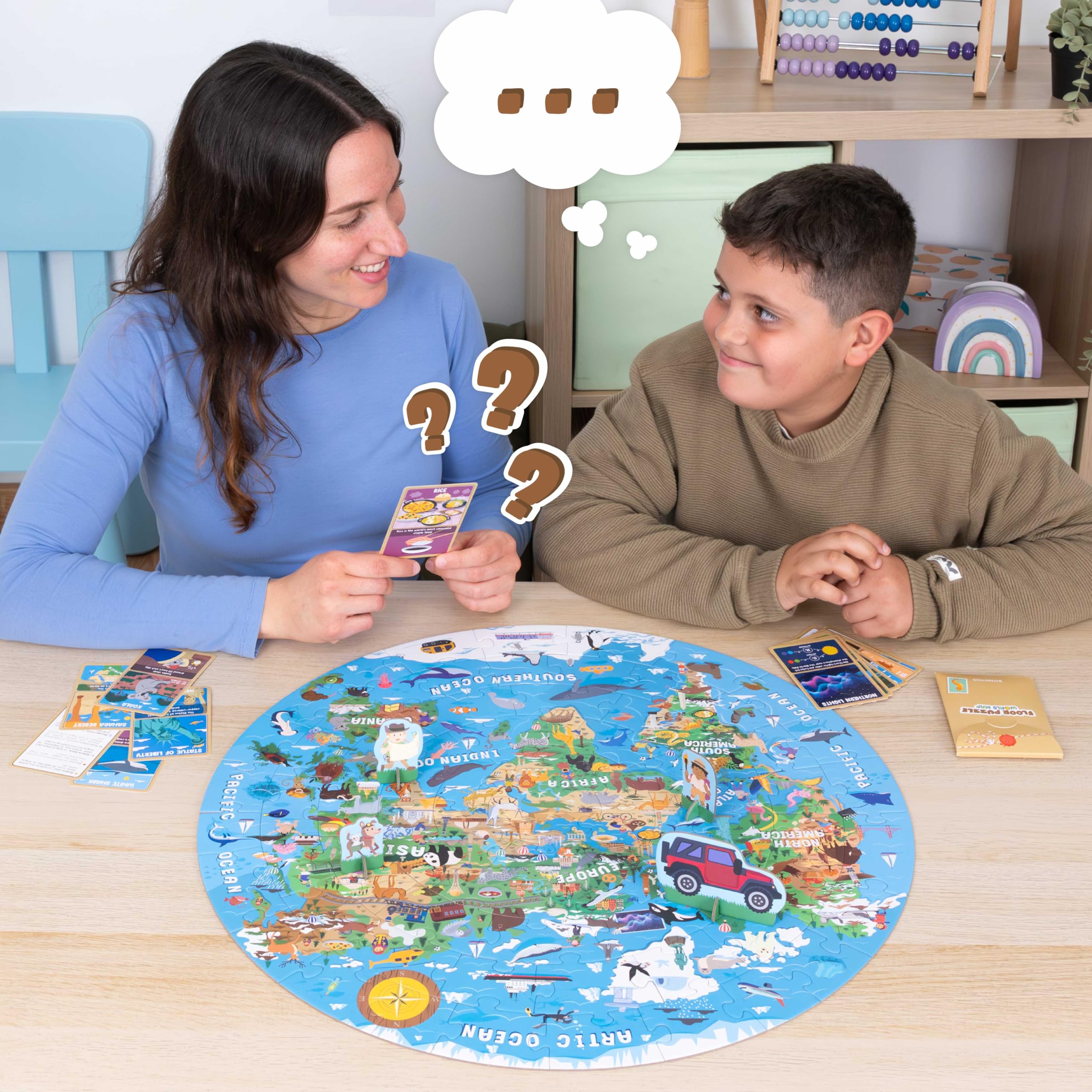 BONNYCO Puzzle XXL Mapa Mundi Niños con 70 Piezas Grandes. Rompecabezas Redondo con Animales, 58 x 58 cm, 15 Tarjetas, 4 Figuras y Guía. Juegos Educativos, Regalos, Juguetes Niños 4 Años