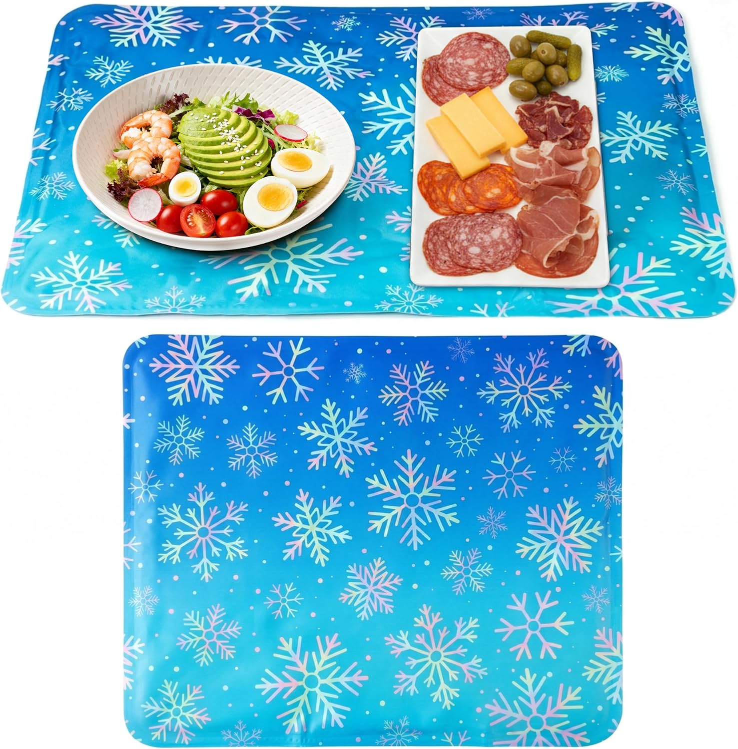 MALLMALL6 Reusable Freezable Ice Mat - 2Pcs Cooling Keeping Food Fresh Serving Tray for Summer Outside Picnic Party Buffet, 19.7 x 15.7 in White Snowflake Charcuterie Chilling Mats for Cheese Veggie