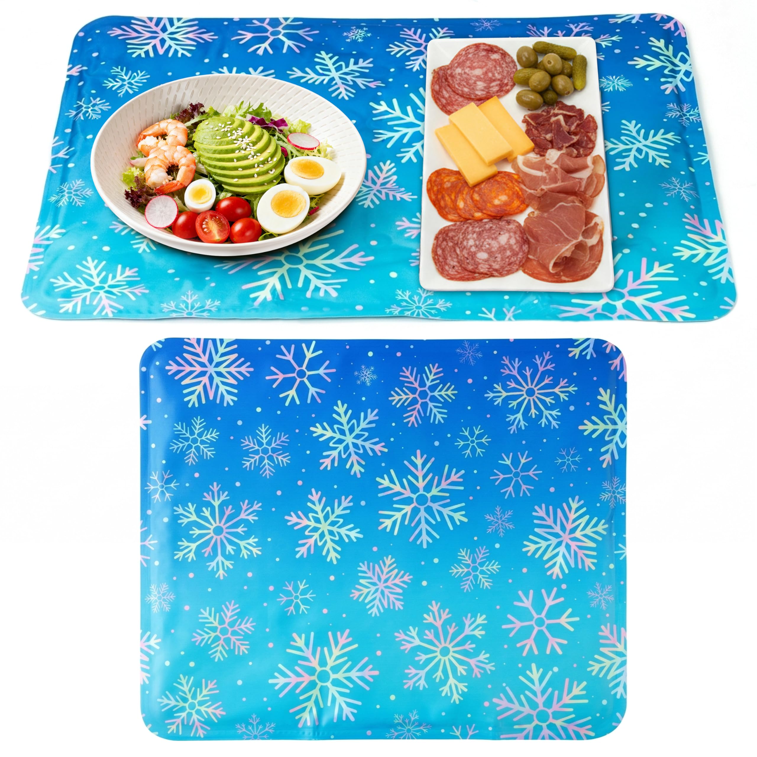 MALLMALL6 Alfombrilla de hielo congelable reutilizable – 2 bandejas de refrigeración para servir alimentos frescos para picnic al aire libre, fiesta, bufé, 19.7 x 15.7 pulgadas, coloridos copos de