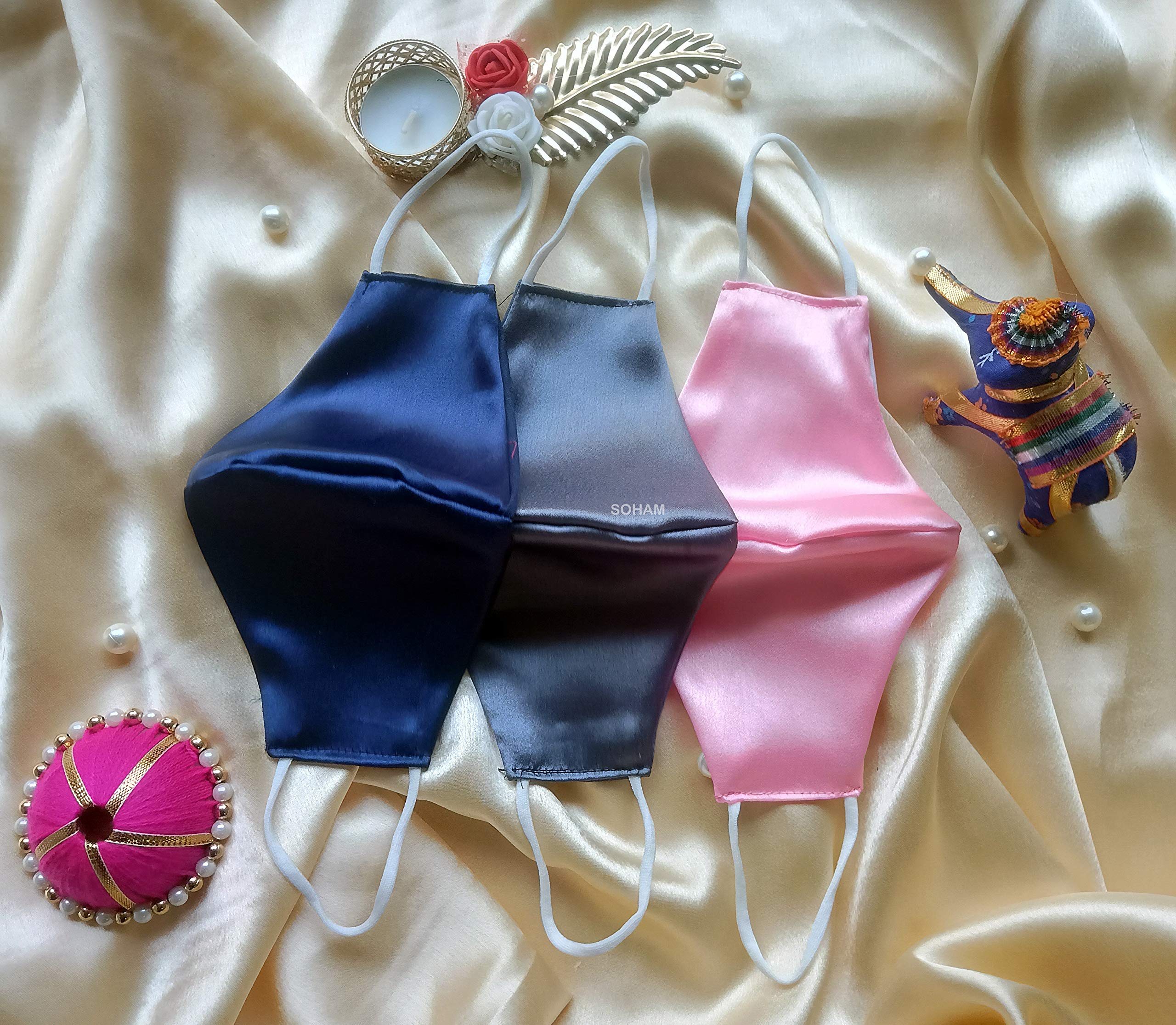Shree Shree Fashion ( Pack of 3 ) Satin Cloth Face Mask - Washable Light Weight Cotton Masks for Adult | PINK-BLUE-GRAY-image-26