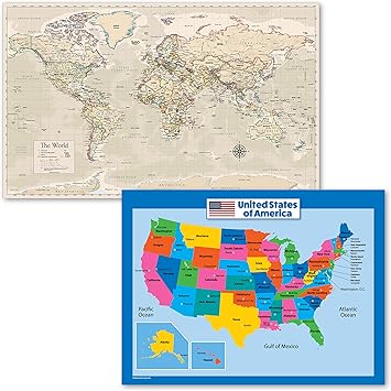 Amazon 2パック アンティークスタイルの世界地図ポスター アメリカの地図 子供用 ラミネート加工 18インチ X 24インチ 地図 文房具 オフィス用品