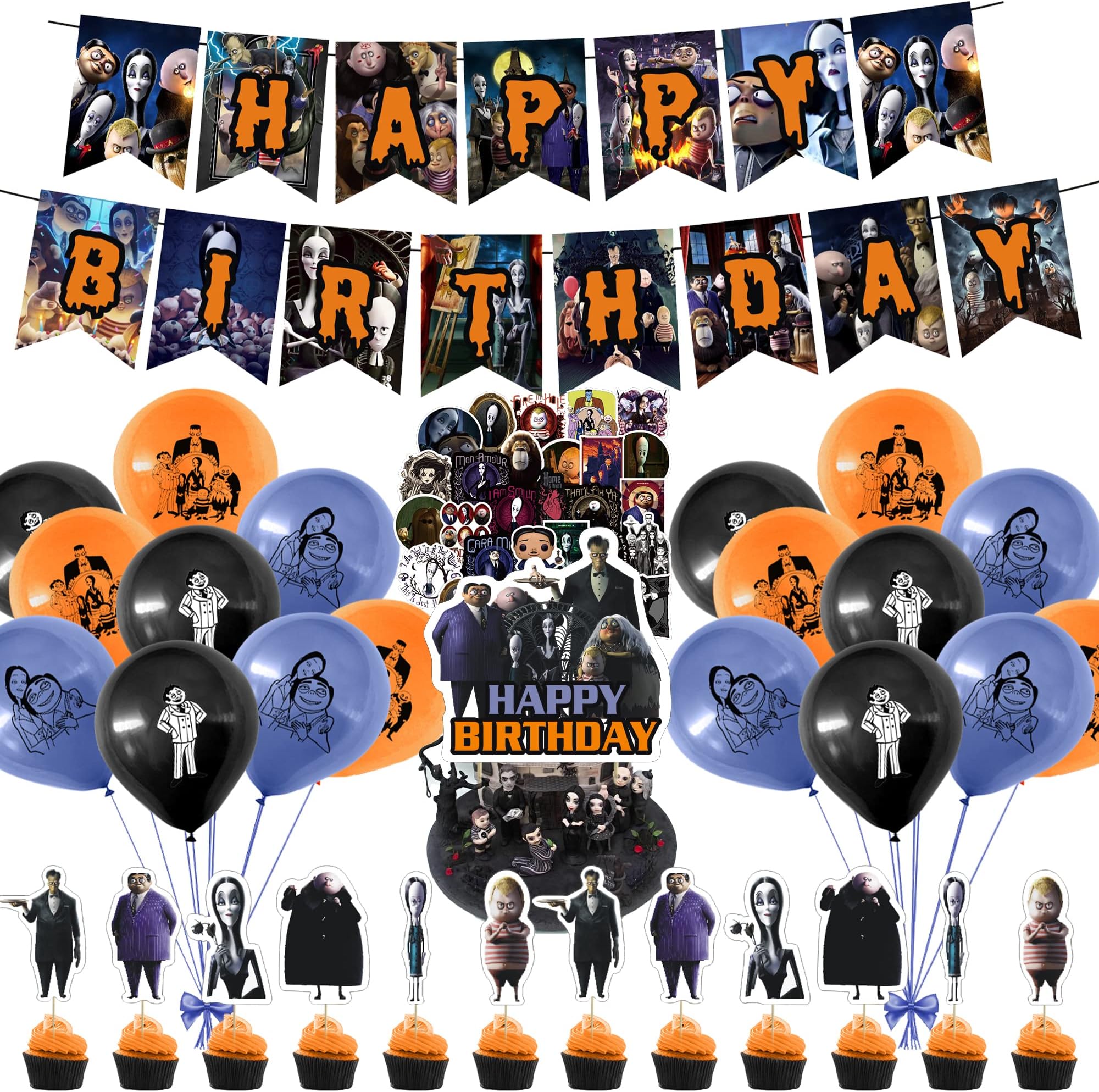 The Addams Family Party Decorations Set, Cartoon Anime Theme Birthday Supplies The Addams Family Stickers Banner Balloons for The Addams Family Fans Party Supplies Decor