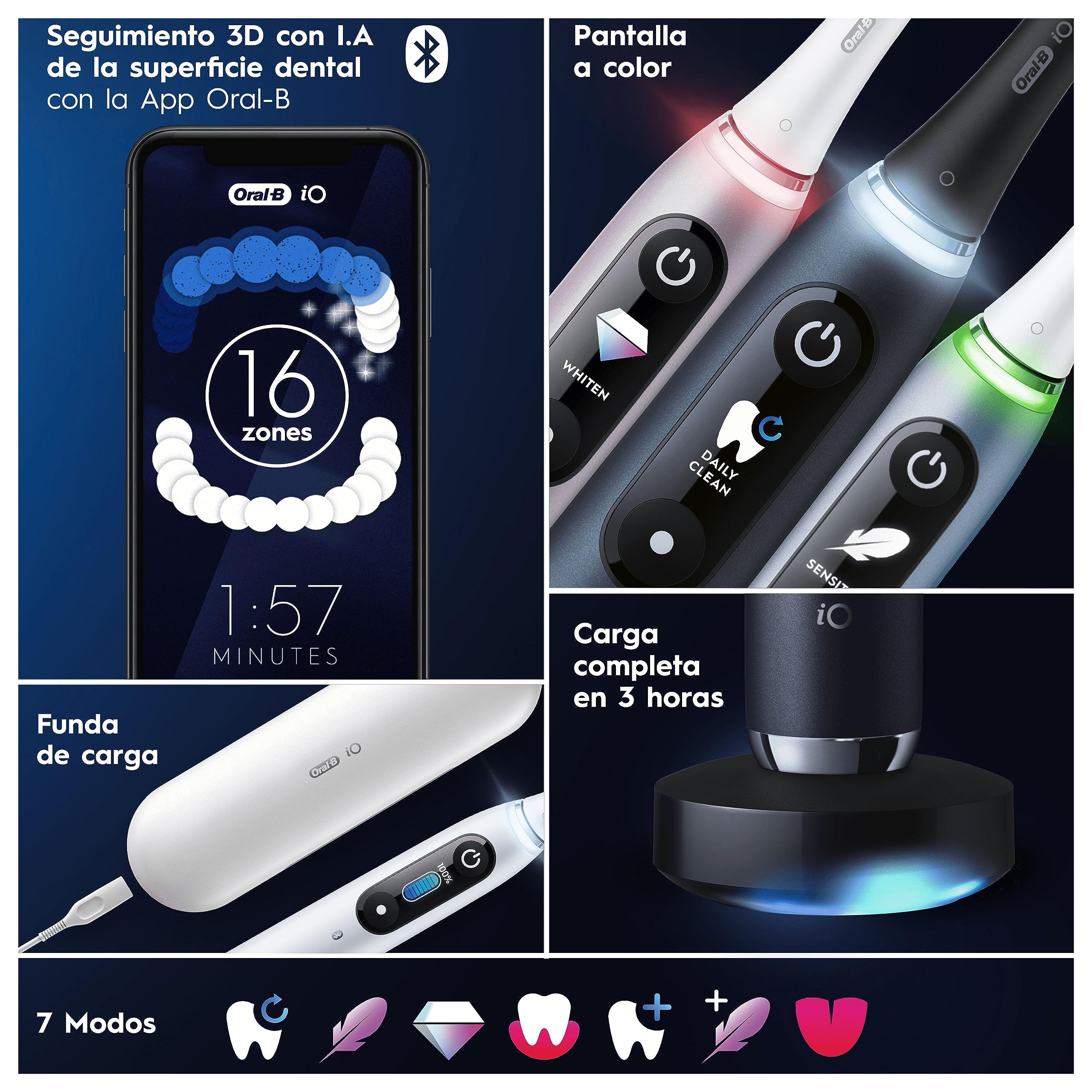 Oral-B iO 9 Cepillo de Dientes Eléctrico con 1 Cabezal, Negro - Cepillo Dental con Sensor de Presión, 7 Modos de Cepillado con Blanqueamiento Dental, Carga Rápida, Estuche Cargador de Viaje