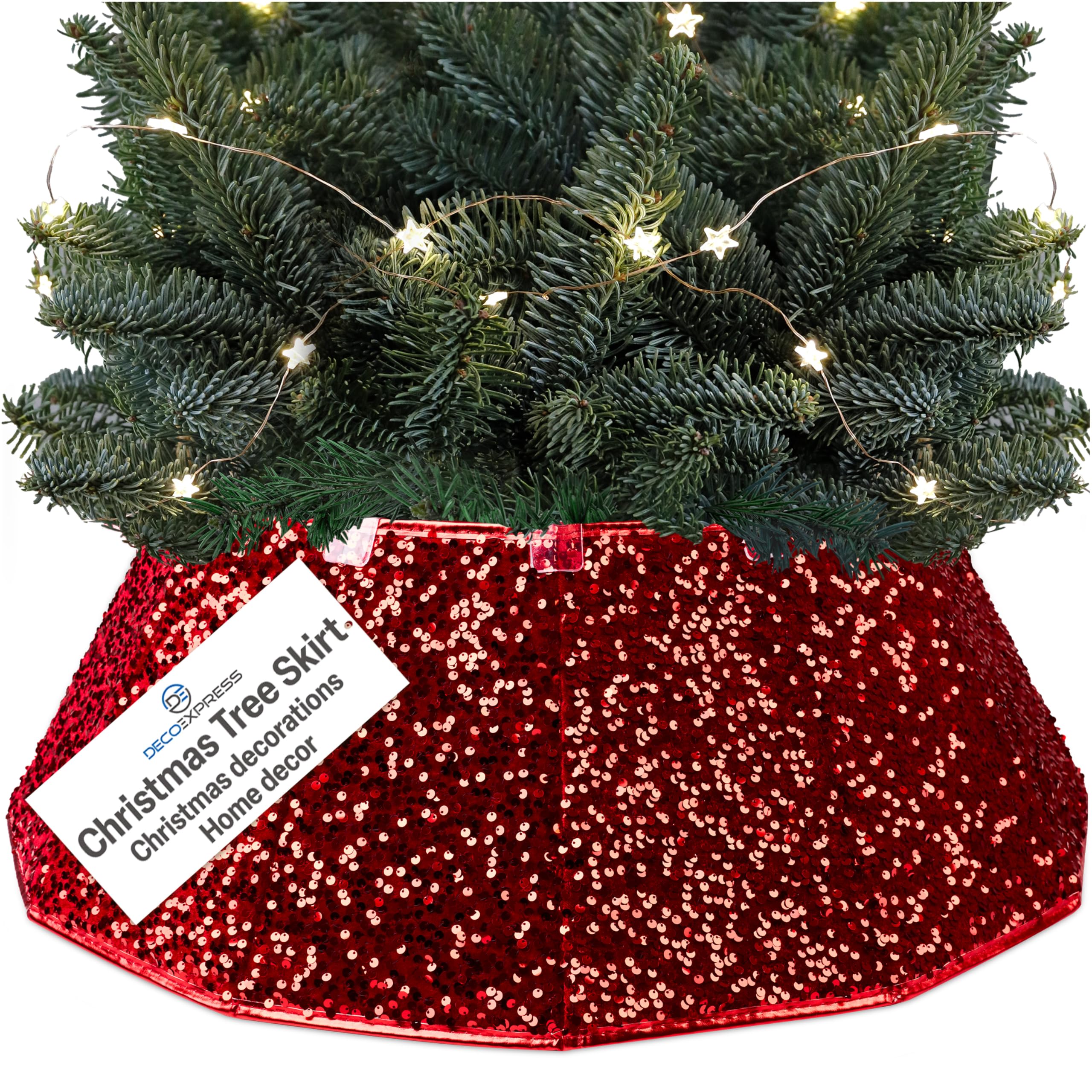 DECO EXPRESS Christmas Tree Skirt, Sequin Tree Base Cover, Sparkly Collar for Christmas Decorations, Festive Decor for Xmas Party, 40cm x 25cm (Red Sequin, Top 40cm/Base 68cm)