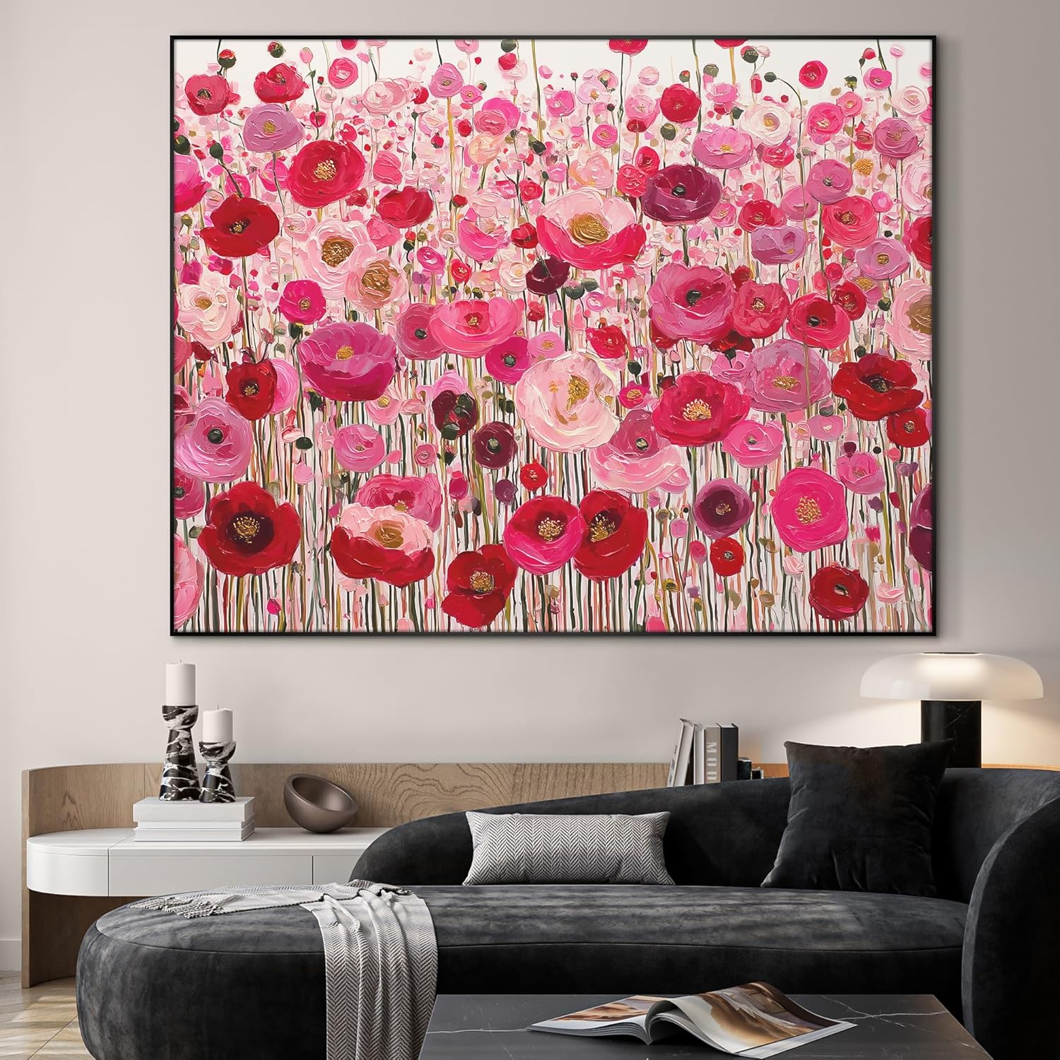 SIGNWIN 36"x46" Extra Large Framed Wall Art Pink and Red Wildflower Field Bold Floral Print for Home Living Room Bedroom Decor (Frame Assembly Required)