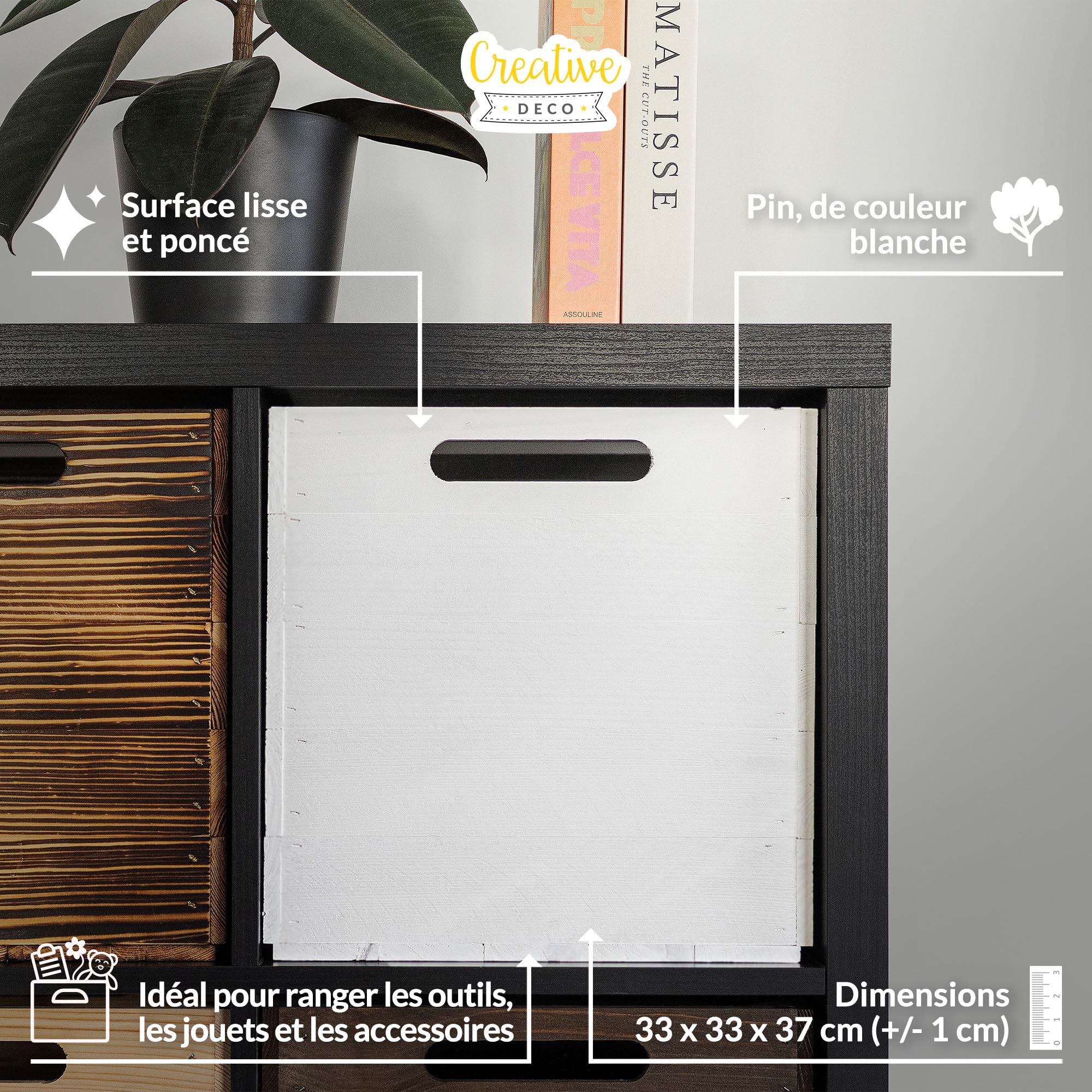 Caisse en bois blanc pour étagère Kallax | Boîte polie avec poignées | 33 x 37 x 33 cm | Rangement pour enfants et jouets