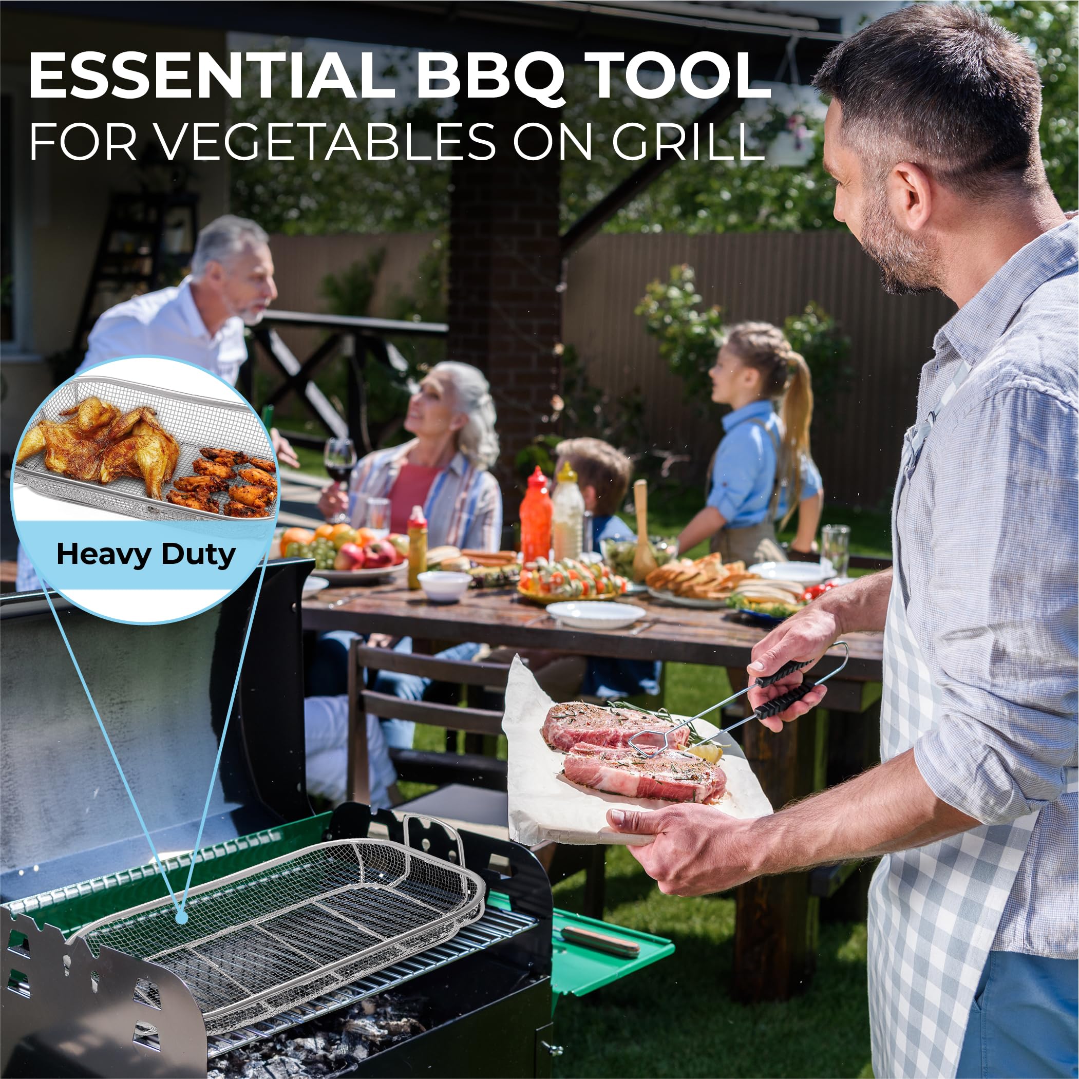 Homi Styles Grill-Gemüsekorb - 15 x 11 Zoll - Rostfreier Edelstahl Mesh Veggie Grillkorb - Silber
