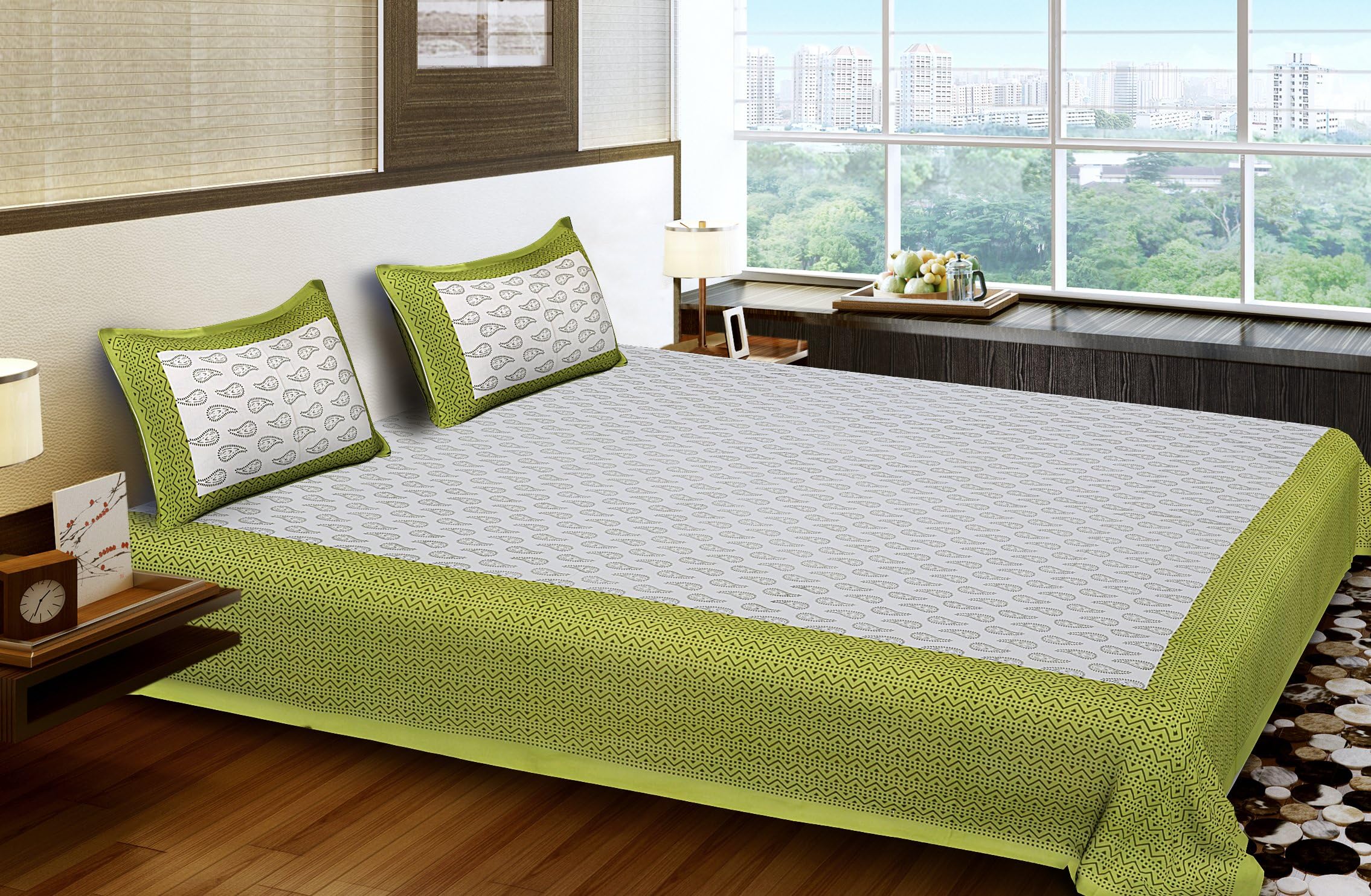 Dreamline Decor Premium Cotton Double King Size Bedsheet with Pillow Covers, White-Green